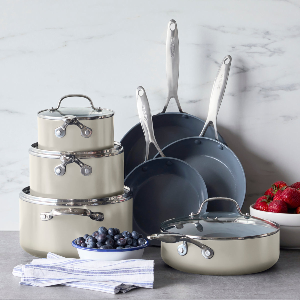 GreenPan Valencia Pro Ceramic Nonstick 11-Piece Cookware Set | Cream
