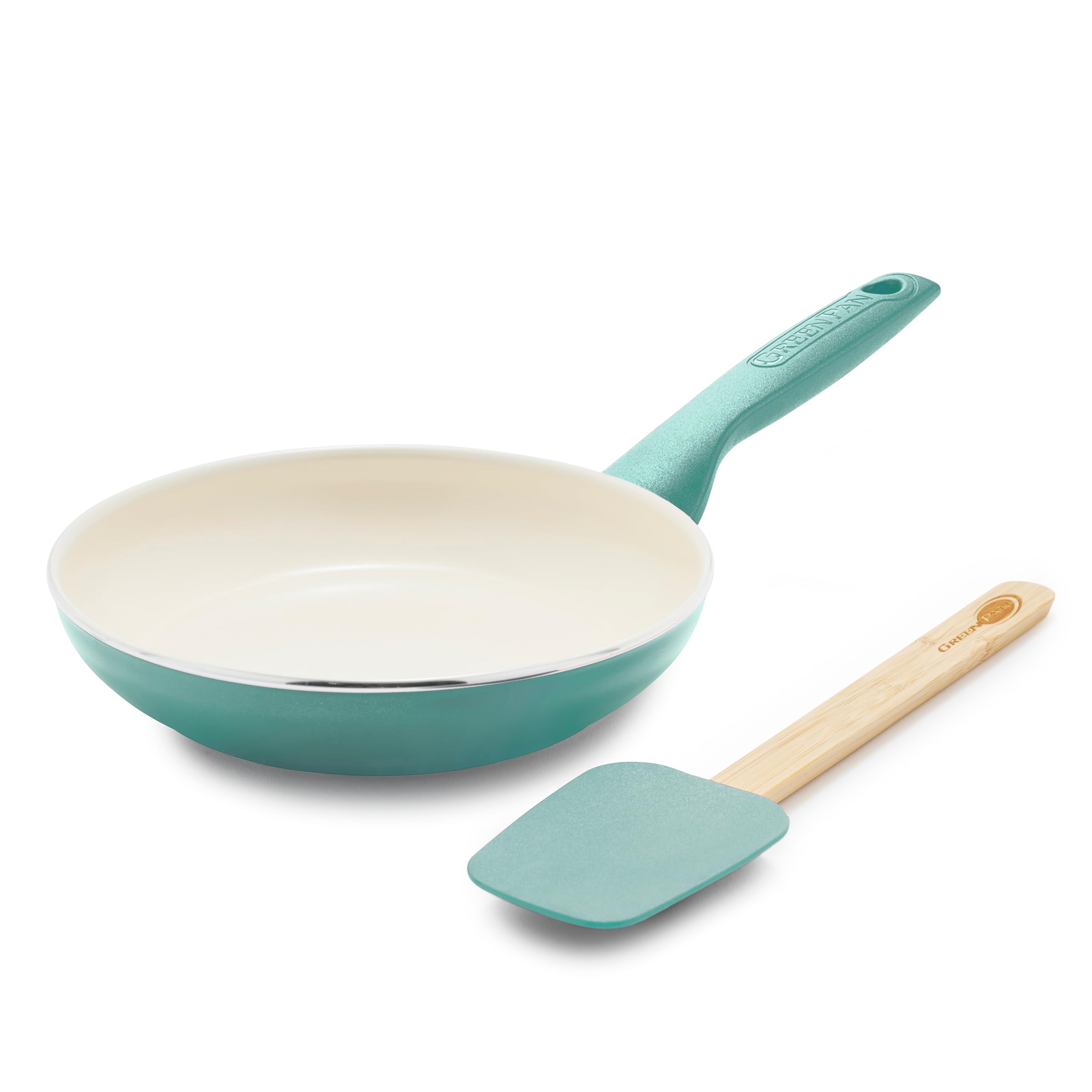GreenPan Rio Ceramic Nonstick 8" Frying Pan & Silicone Spatula Set – PFAS-Free, Soft Grip Handle, Turquoise