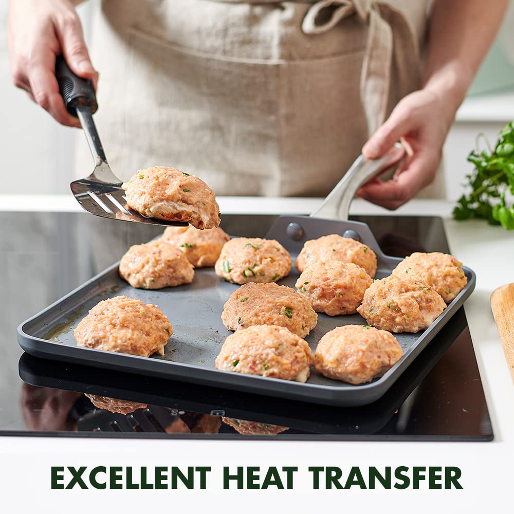 GreenPan Lima 11" Square Griddle Pan, Hard Anodized, Ceramic Nonstick, Stainless Steel Handle, Gray