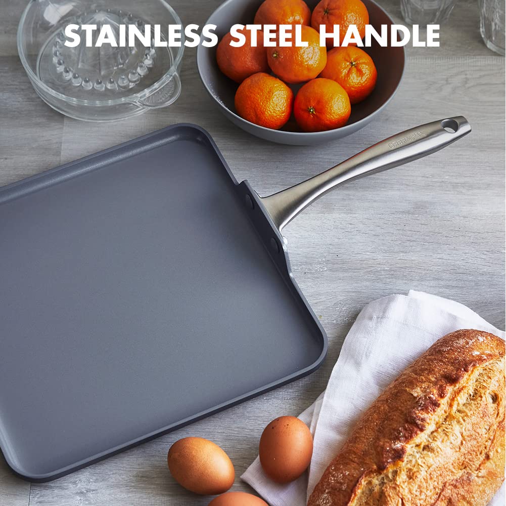 GreenPan Lima 11" Square Griddle Pan, Hard Anodized, Ceramic Nonstick, Stainless Steel Handle, Gray