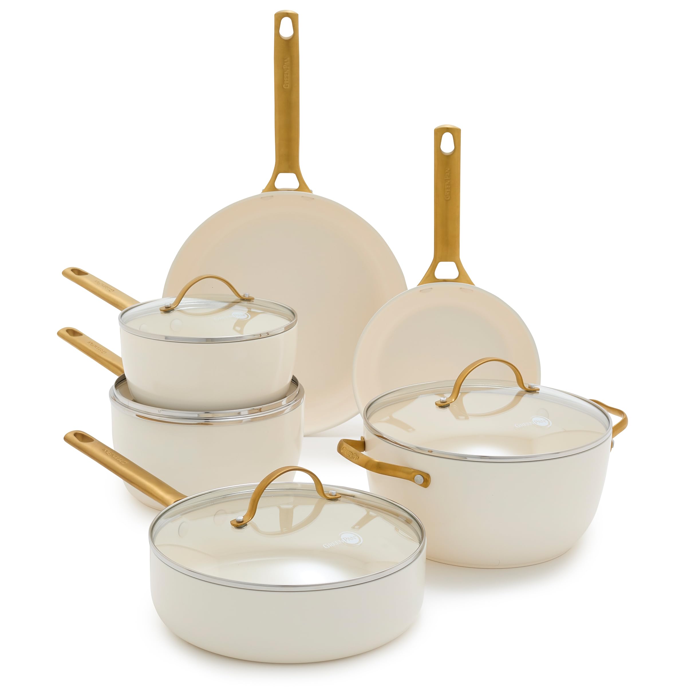 GreenPan Reserve Duoforged Hard Anodized 10-Piece Ceramic Nonstick Cookware Set with Gold-Tone Handles, Cream White