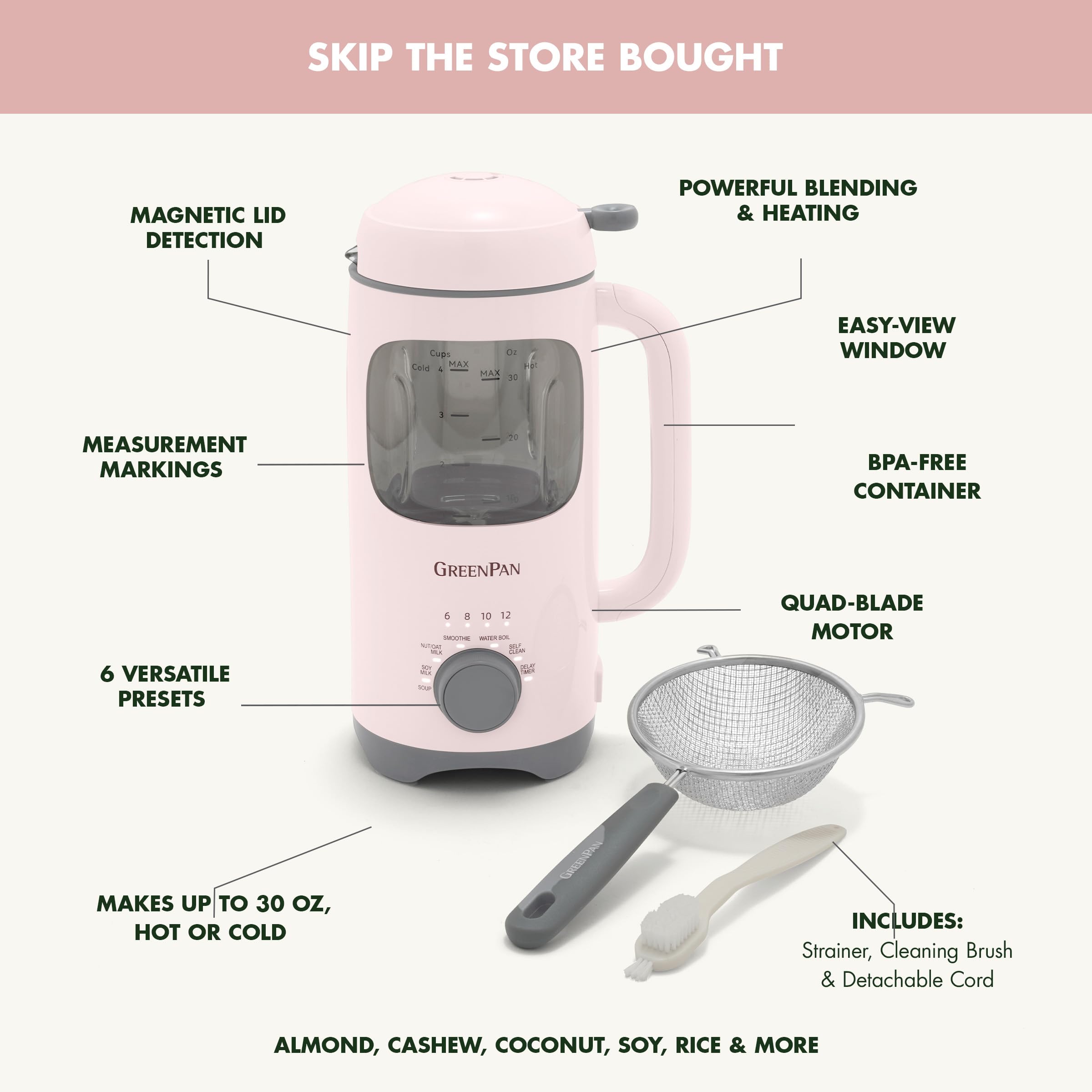 GreenPan Better Blend Milk Maker – 30oz Nut Milk Machine, 15-in-1, BPA-Free Glass, Self-Clean, Delay Timer, Pink