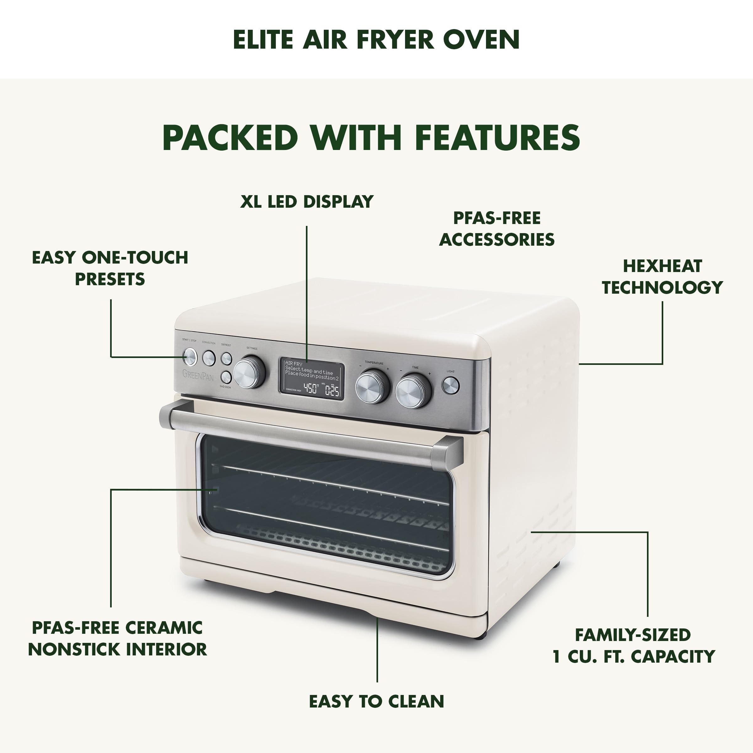 GreenPan 13-in-1 Elite Countertop Convection Oven & Air Fryer, 1 cu. ft., Cloud Cream