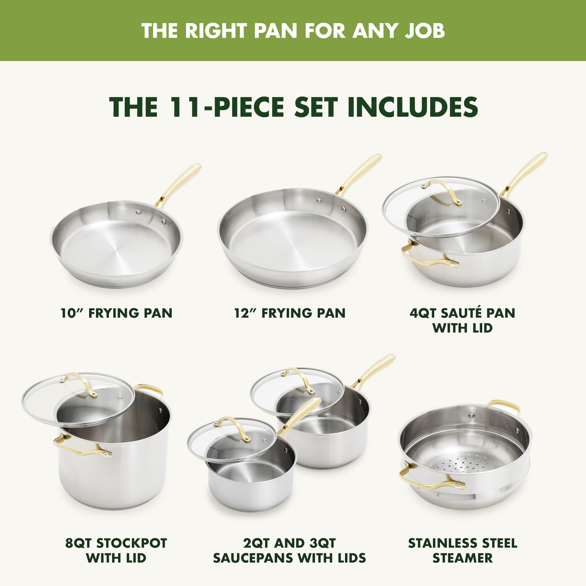 GreenPan Stainless Steel 11-Piece Cookware Set with Induction Base - Gold Accents