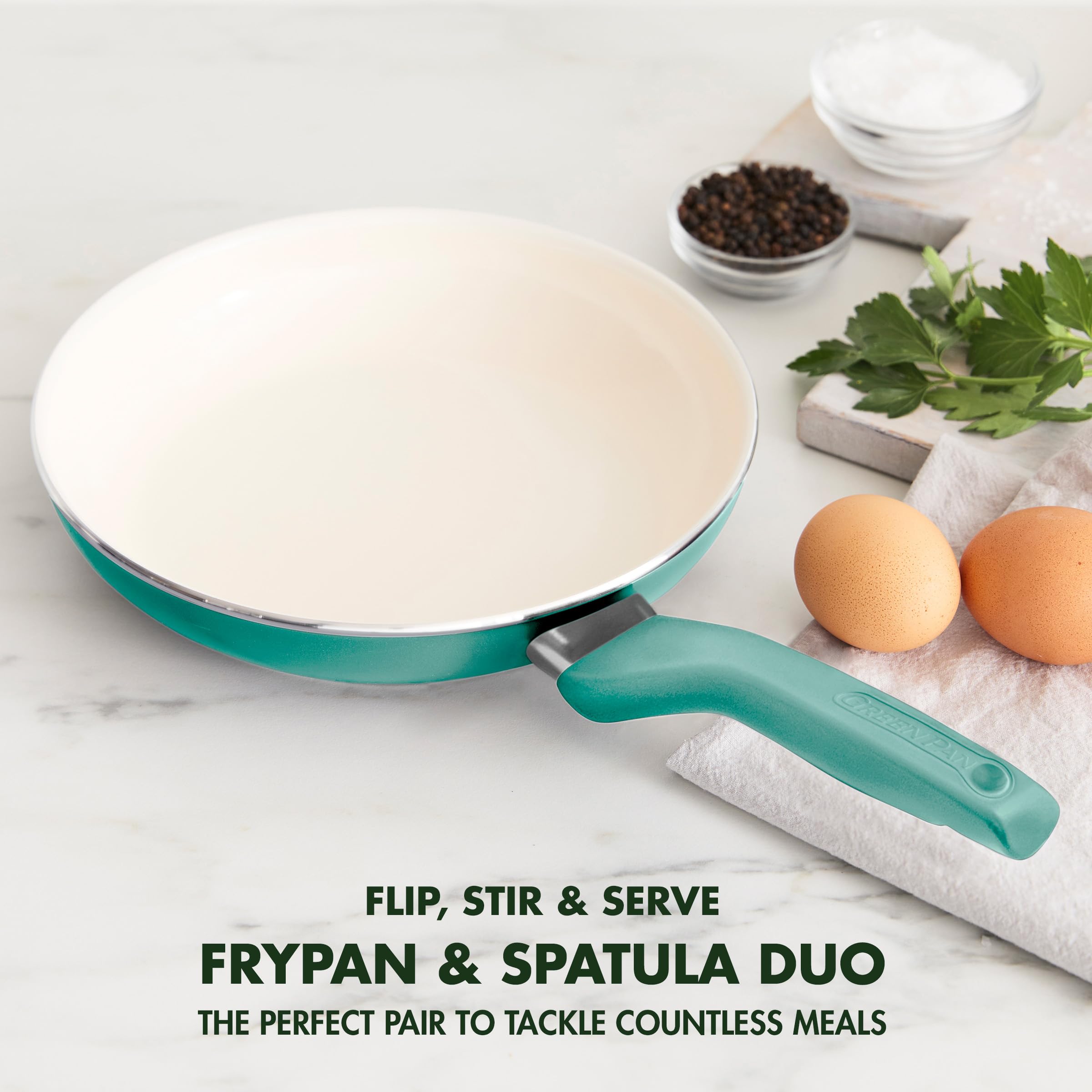 GreenPan Rio Ceramic Nonstick 8" Frying Pan & Silicone Spatula Set – PFAS-Free, Soft Grip Handle, Turquoise