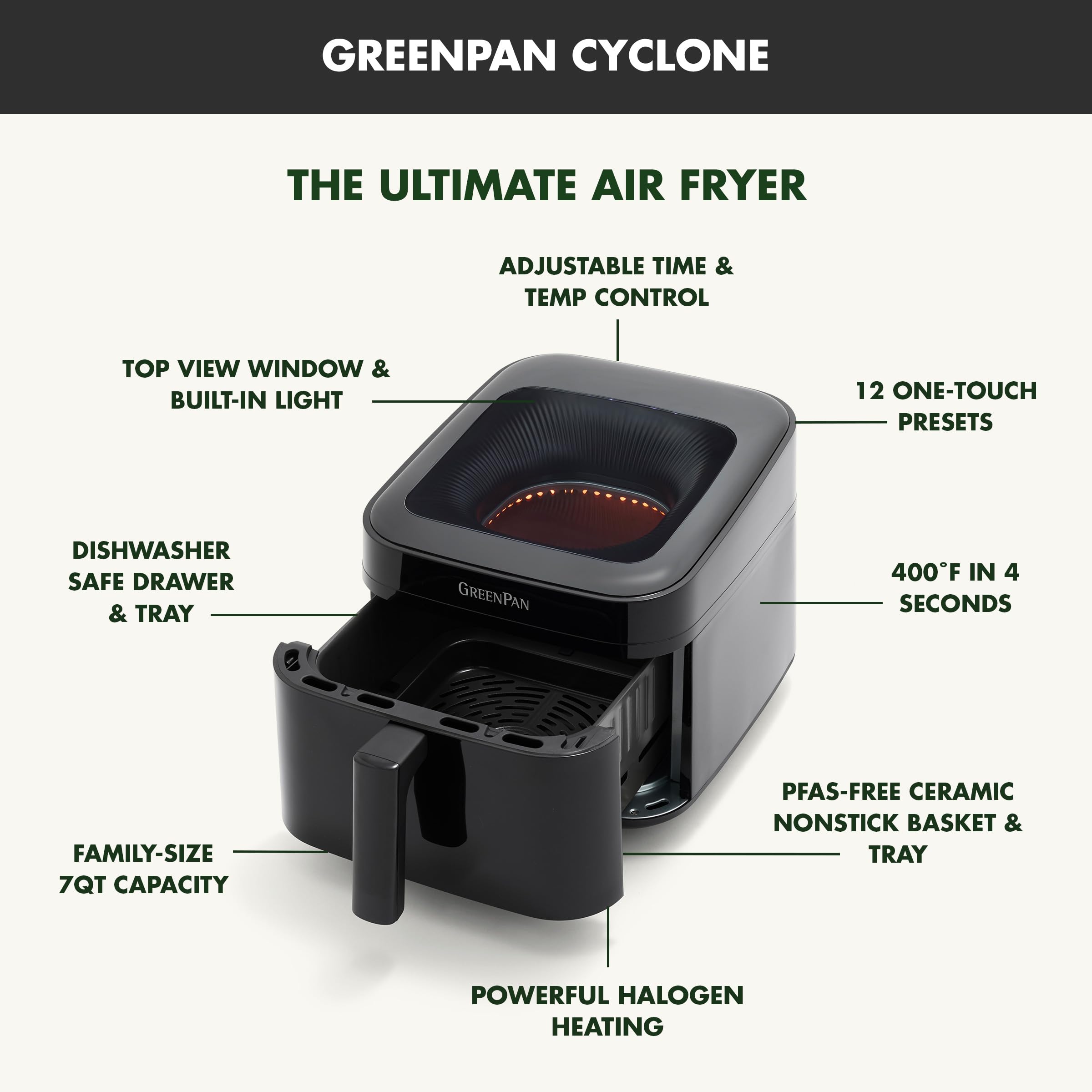 GreenPan Cyclone 7 QT 12-in-1 Air Fryer with XL Window, Halogen Heating, Digital Touch Screen