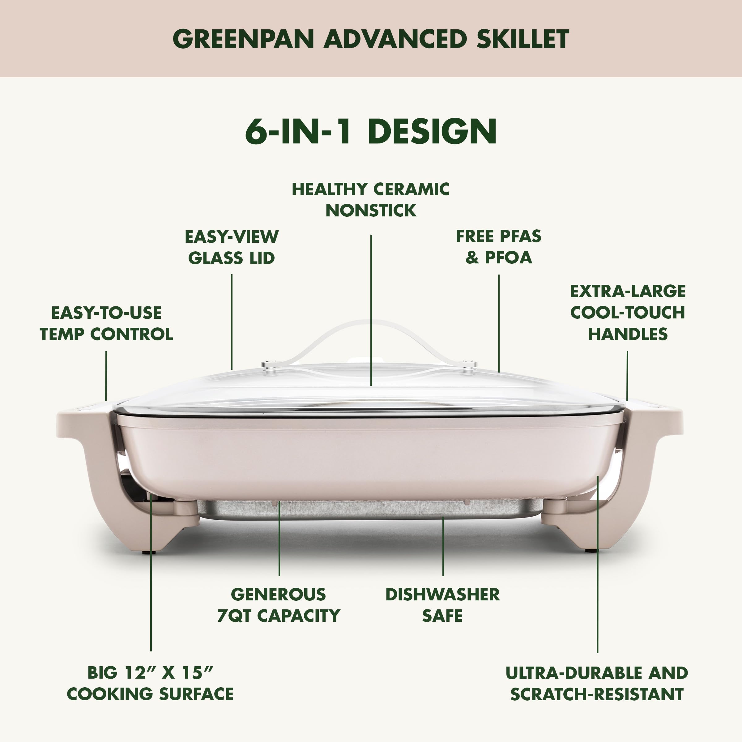 GreenPan Advanced 12 in x 15 in Electric Skillet with Lid – 7QT – Clay