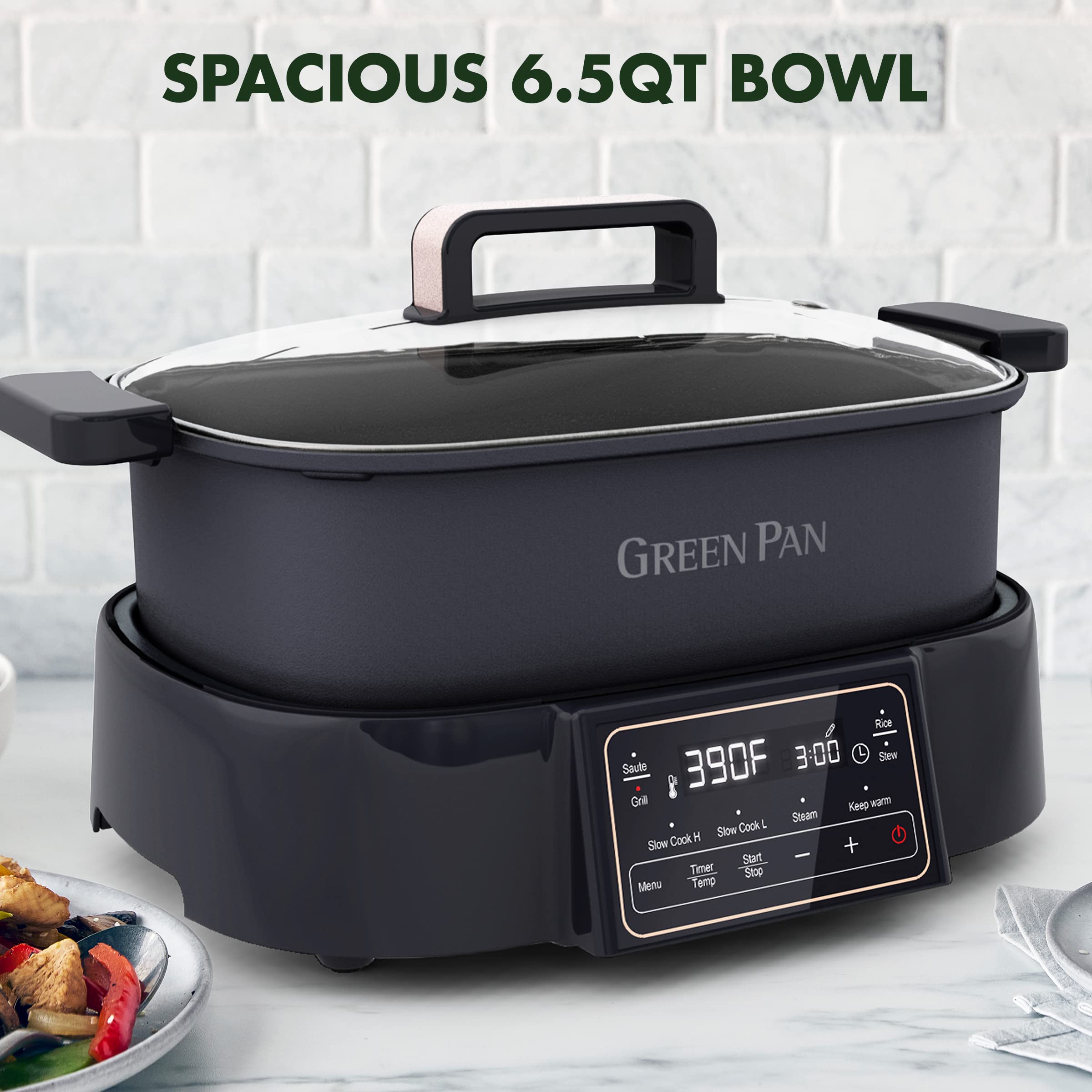 GreenPan Bistro 6.5QT Multi-Cooker Skillet — 8-in-1 Electric Slow Cooker, Grill, Griddle, Steamer, Rice Cooker, PFAS-Free Ceramic Nonstick, Matte Black