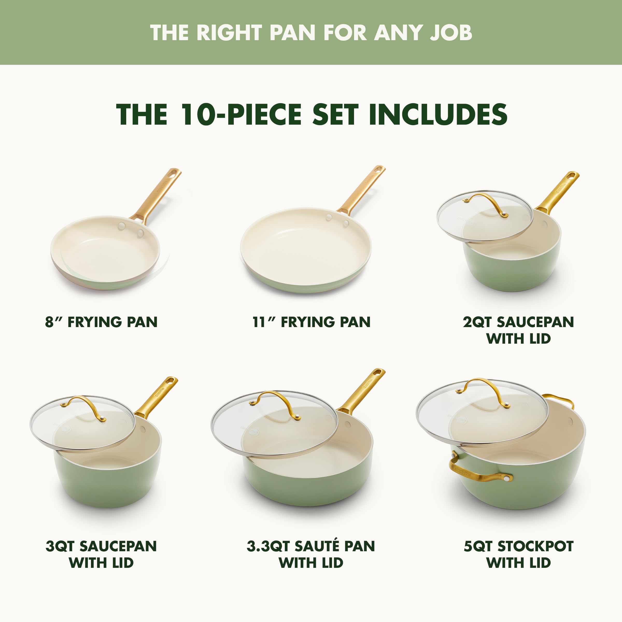 GreenPan Reserve Duoforged Hard Anodized 10-Piece Ceramic Nonstick Cookware Set with Gold-Tone Handles, Sage Green