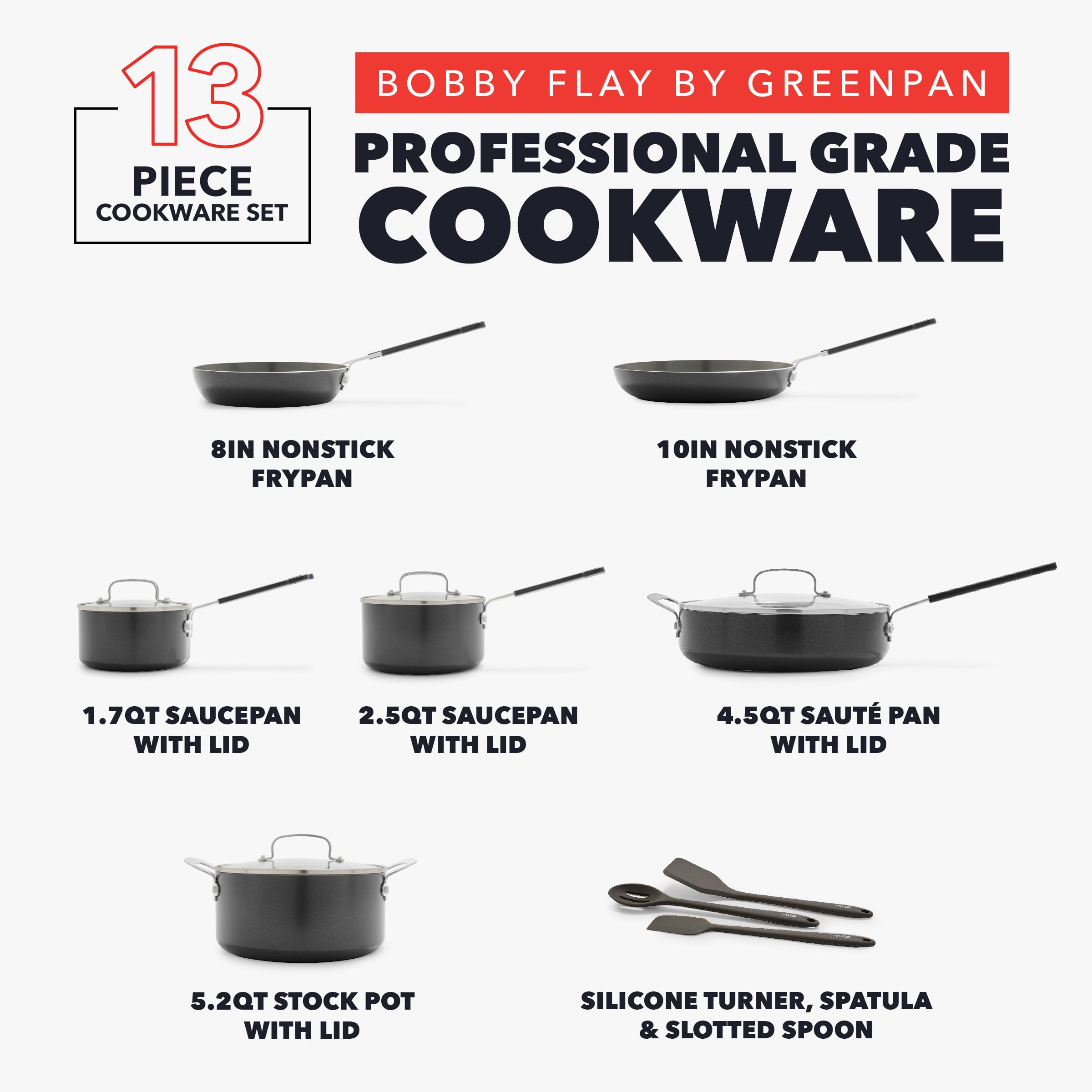 GreenPan x Bobby Flay 13-Piece Nonstick Cookware Set, PFAS-Free Diamond Ceramic, Induction Suitable, Black