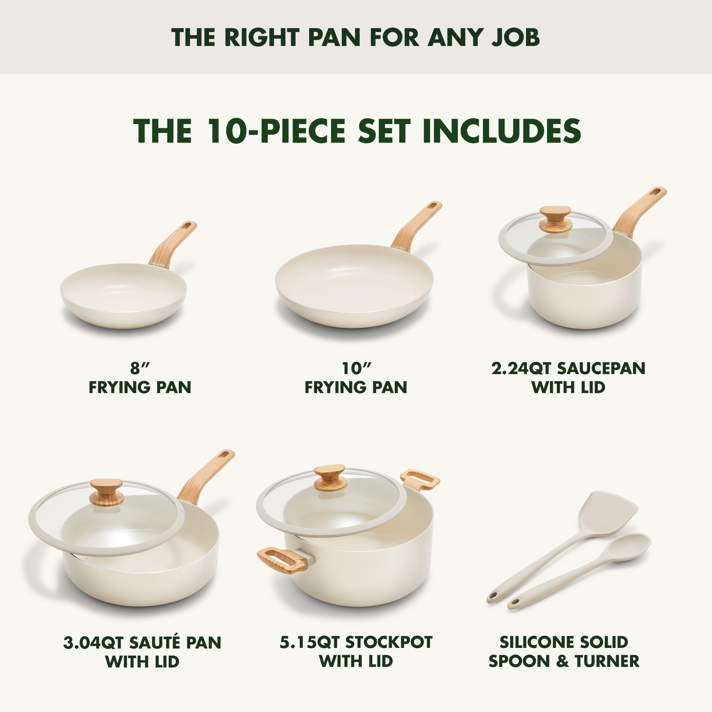 GreenPan Rio Essence Wood 10-Piece Ceramic Nonstick Cookware Set, White with Wood-Print Handles