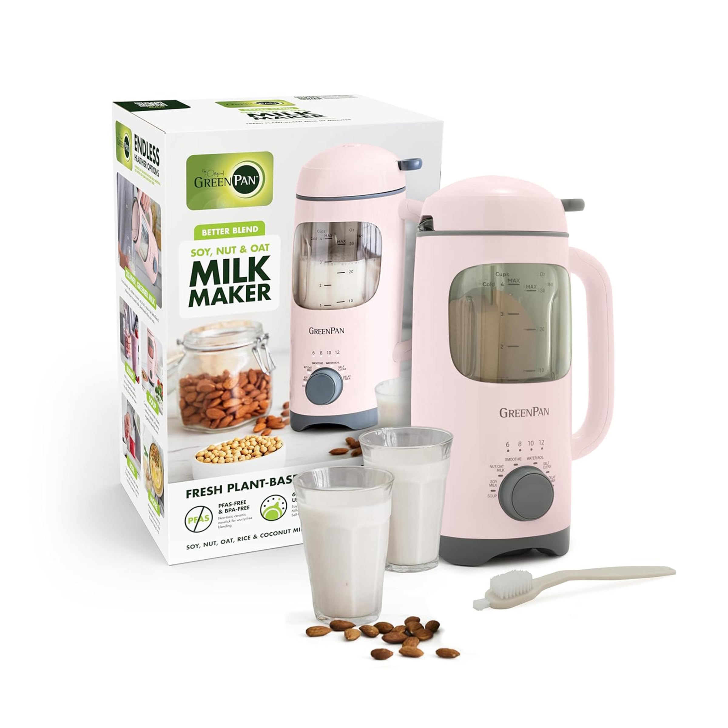 GreenPan Better Blend Milk Maker – 30oz Nut Milk Machine, 15-in-1, BPA-Free Glass, Self-Clean, Delay Timer, Pink