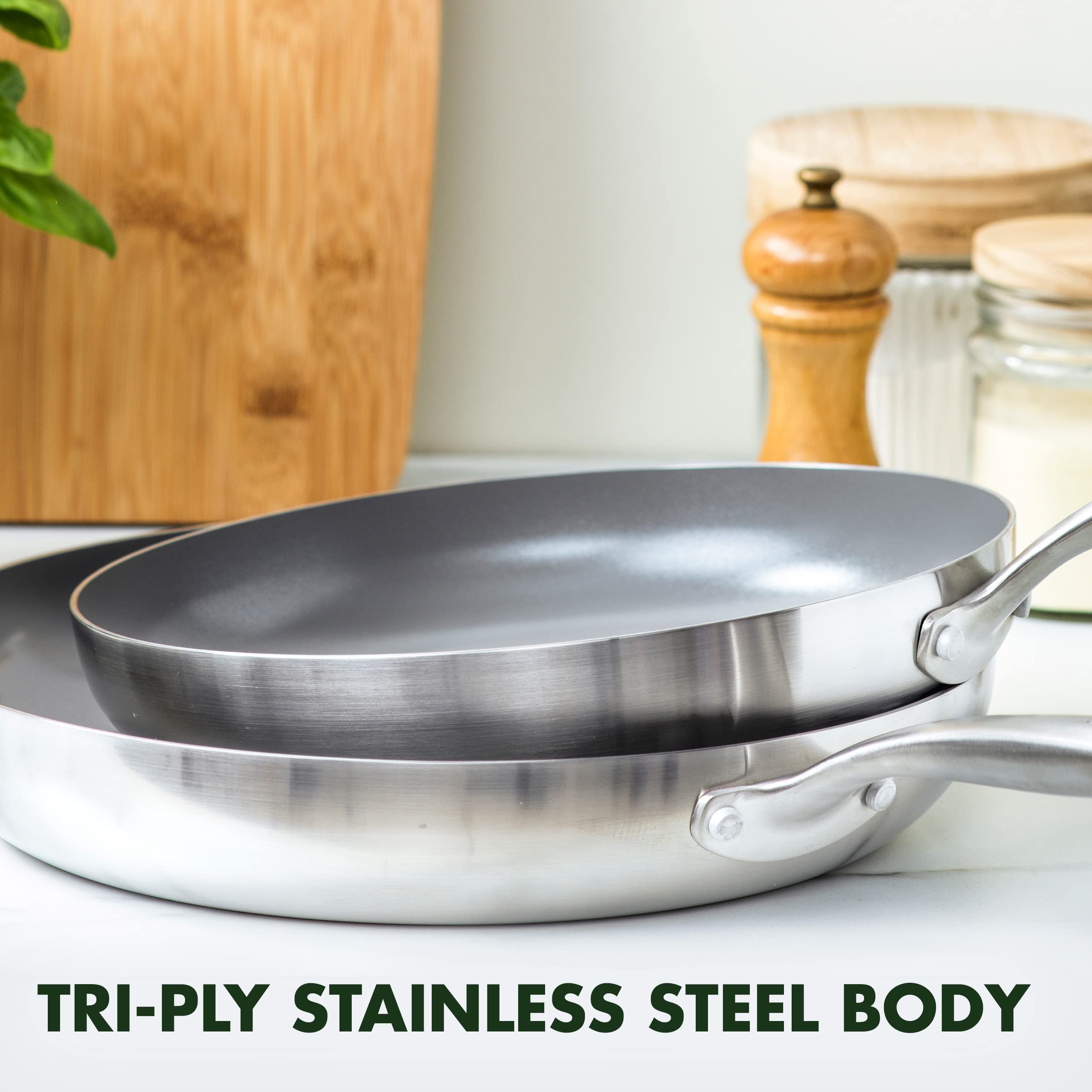 GreenPan Chatham Tri-Ply Stainless Steel Healthy Ceramic Nonstick 10" and 12" Frying Pan Skillet Set