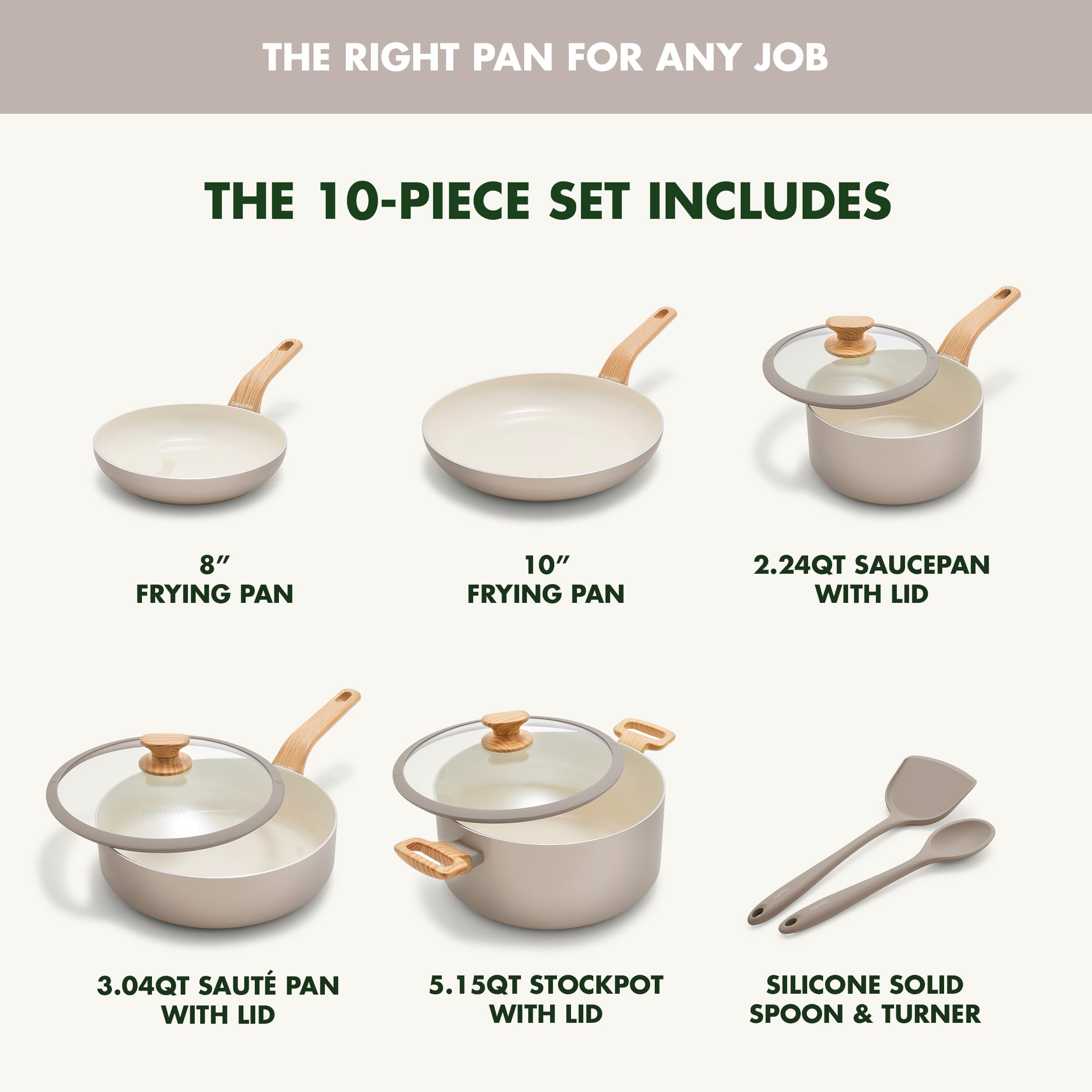 GreenPan Rio Essence Wood 10-Piece Cookware Set — Ceramic Nonstick, Induction, Silicone-Rim Lids, Wood-Print Handles, Taupe