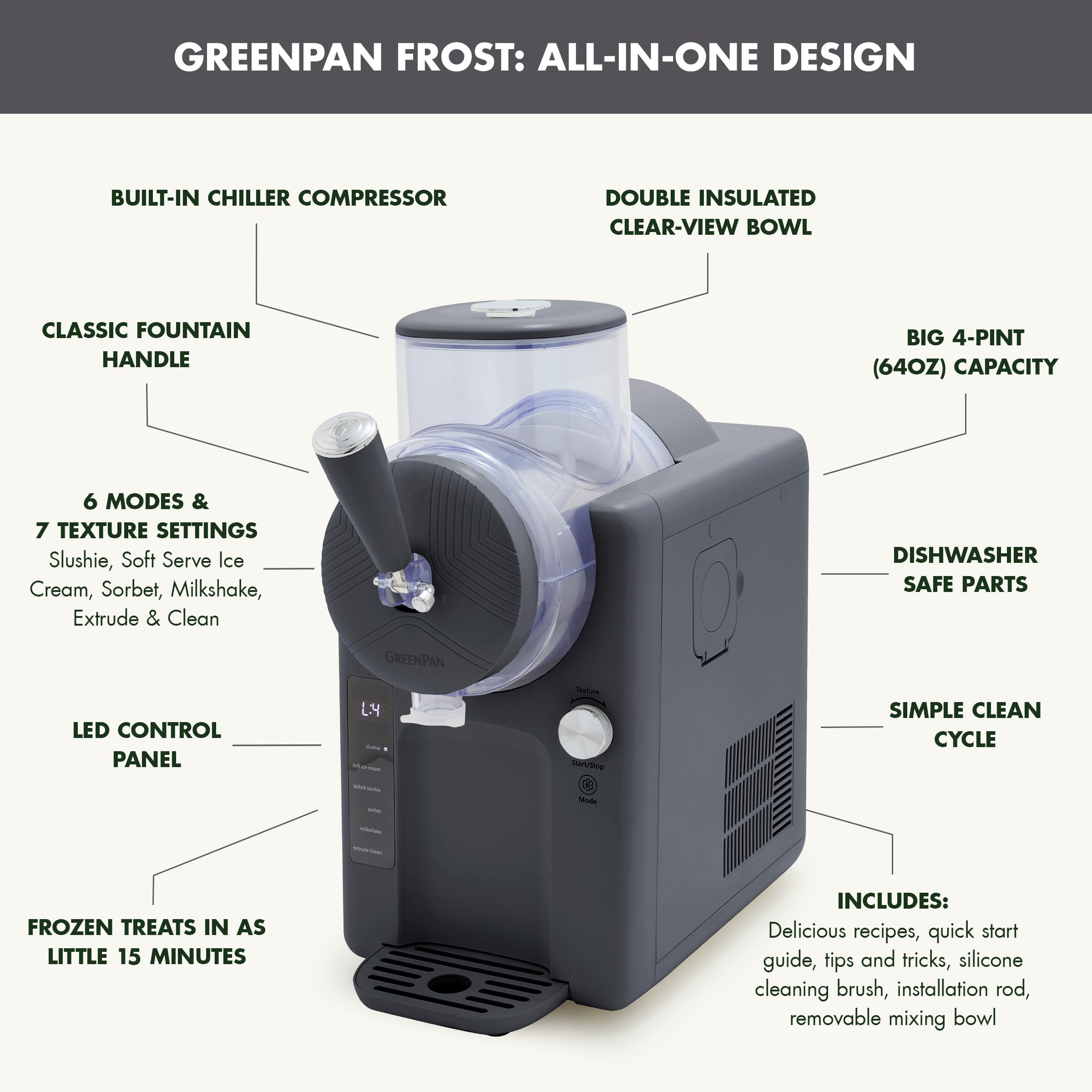 GreenPan Frost Ice Cream Maker & Slushie Machine – Self-Cleaning, 15-in-1, Family Size, Gray