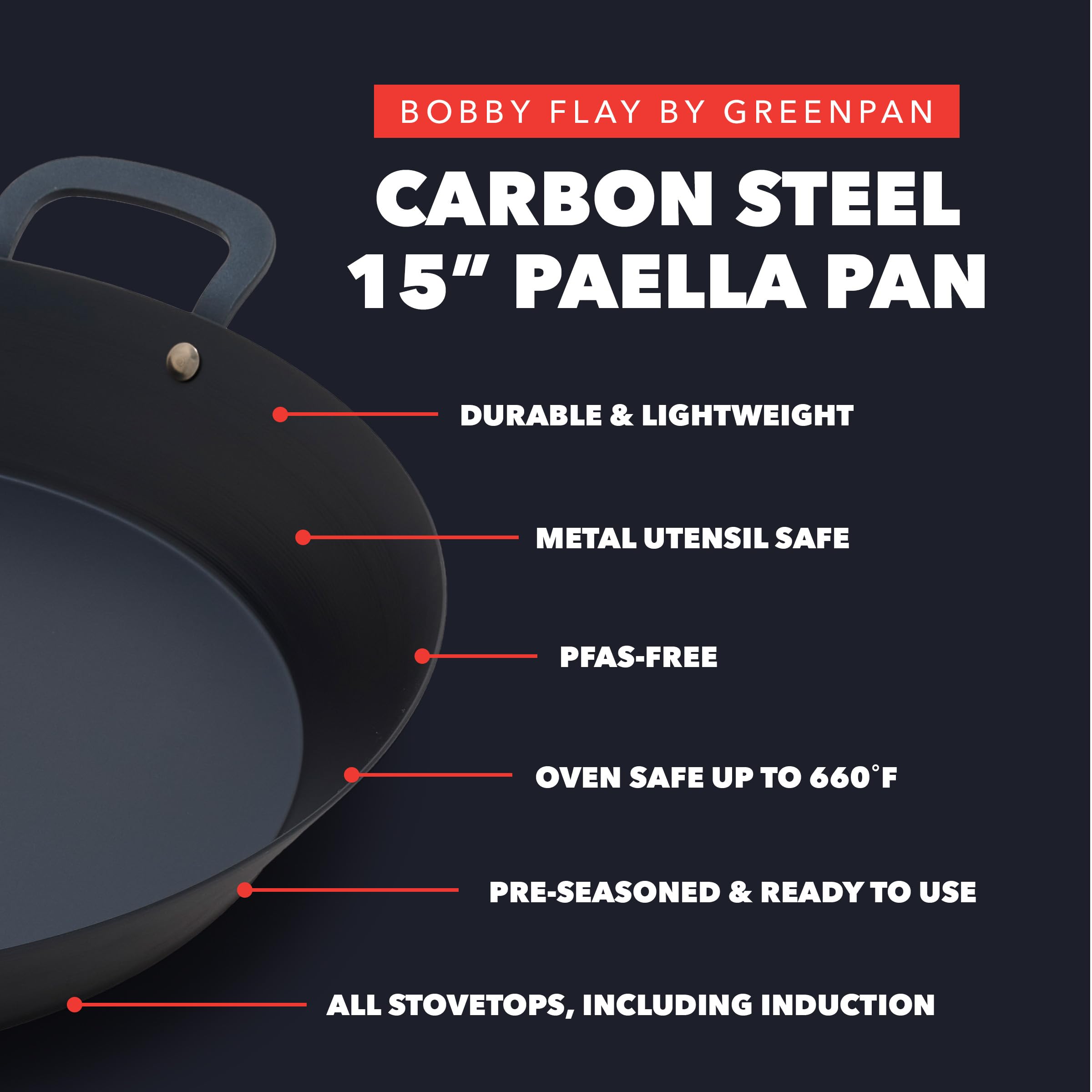 GreenPan x Bobby Flay 15" Carbon Steel Paella Pan, Pre-Seasoned