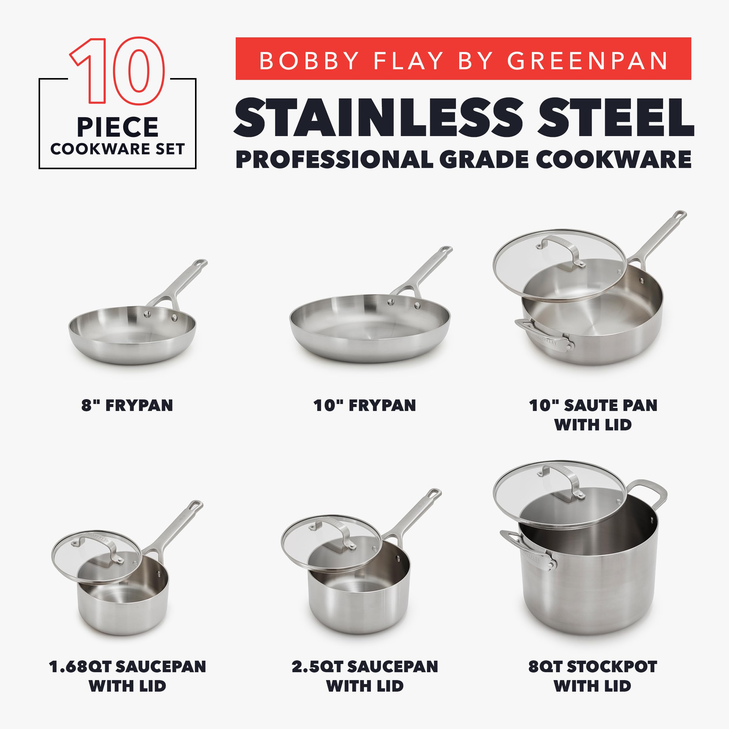 GreenPan x Bobby Flay 10-Piece Stainless Steel Cookware Set, Tri-Ply Multiclad, Induction