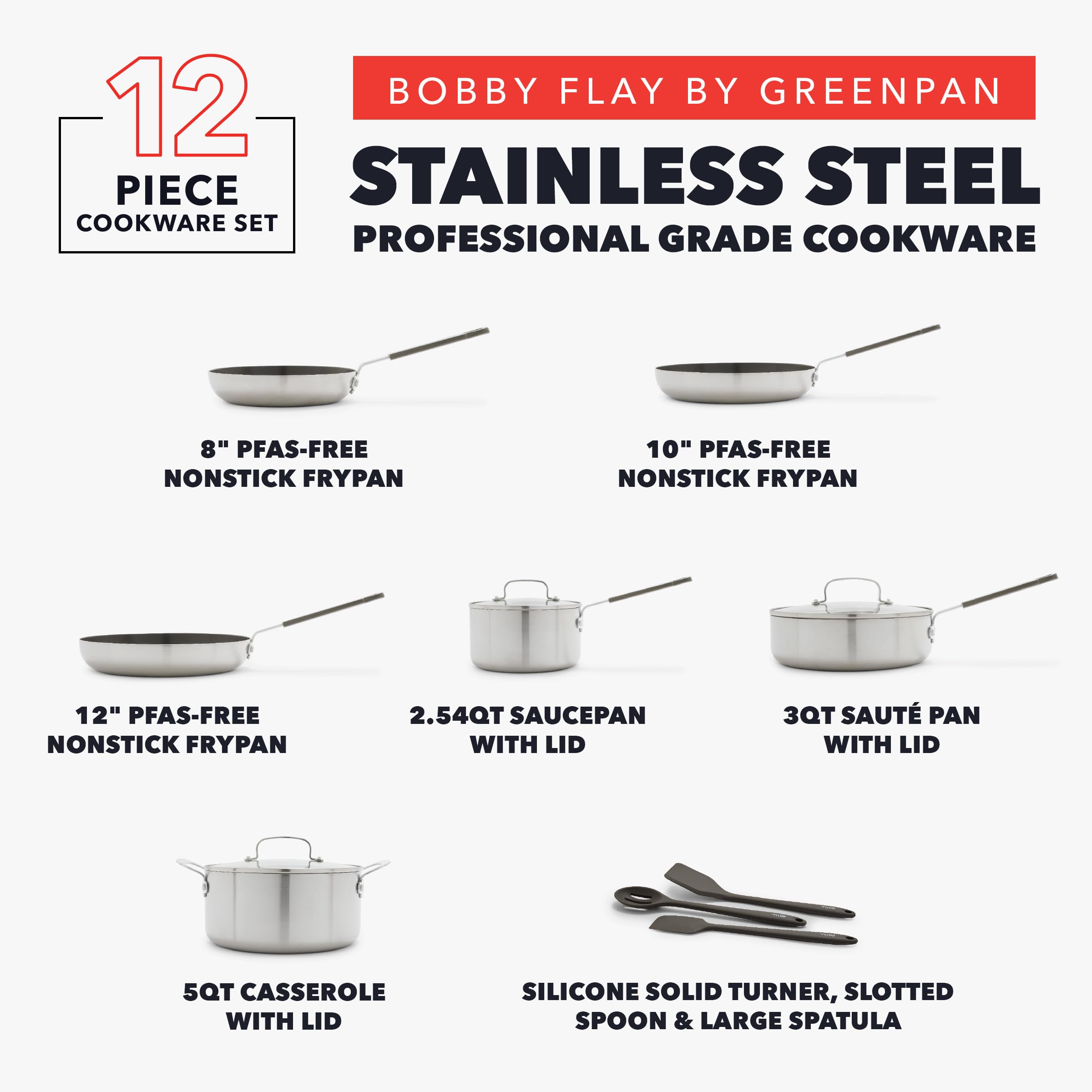 GreenPan x Bobby Flay Stainless Steel 12-Piece Tri-Ply Cookware Set with PFAS-Free Nonstick Frypans