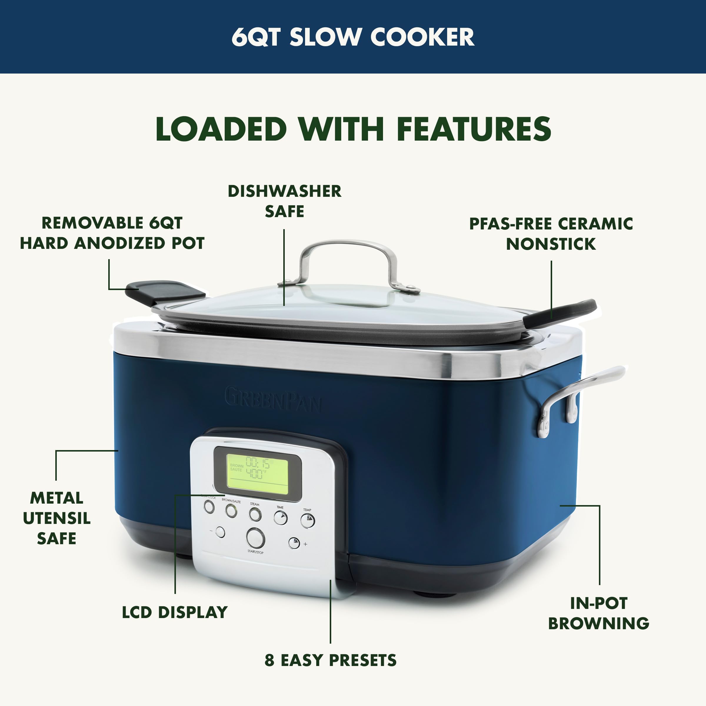 GreenPan Elite 8-in-1 Programmable 6-Quart Electric Slow Cooker, PFAS-Free Ceramic Nonstick, Oxford Blue