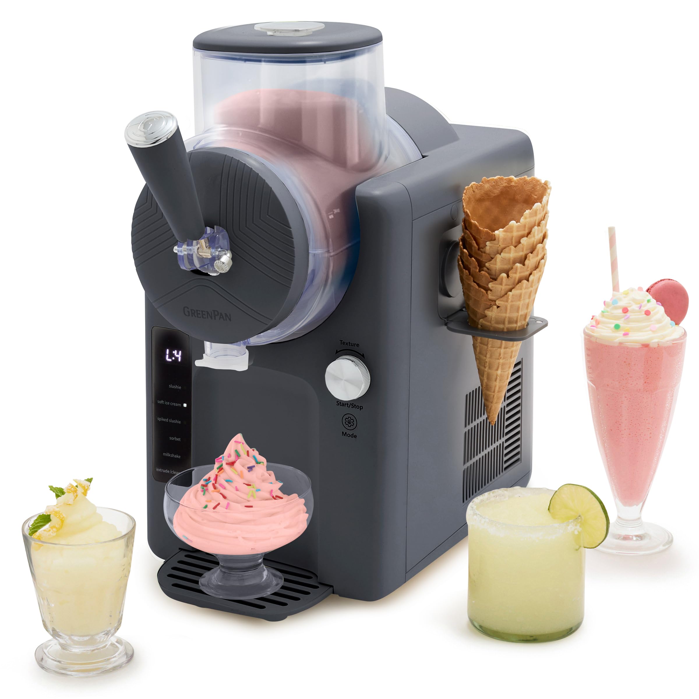 GreenPan Frost Ice Cream Maker & Slushie Machine – Self-Cleaning, 15-in-1, Family Size, Gray