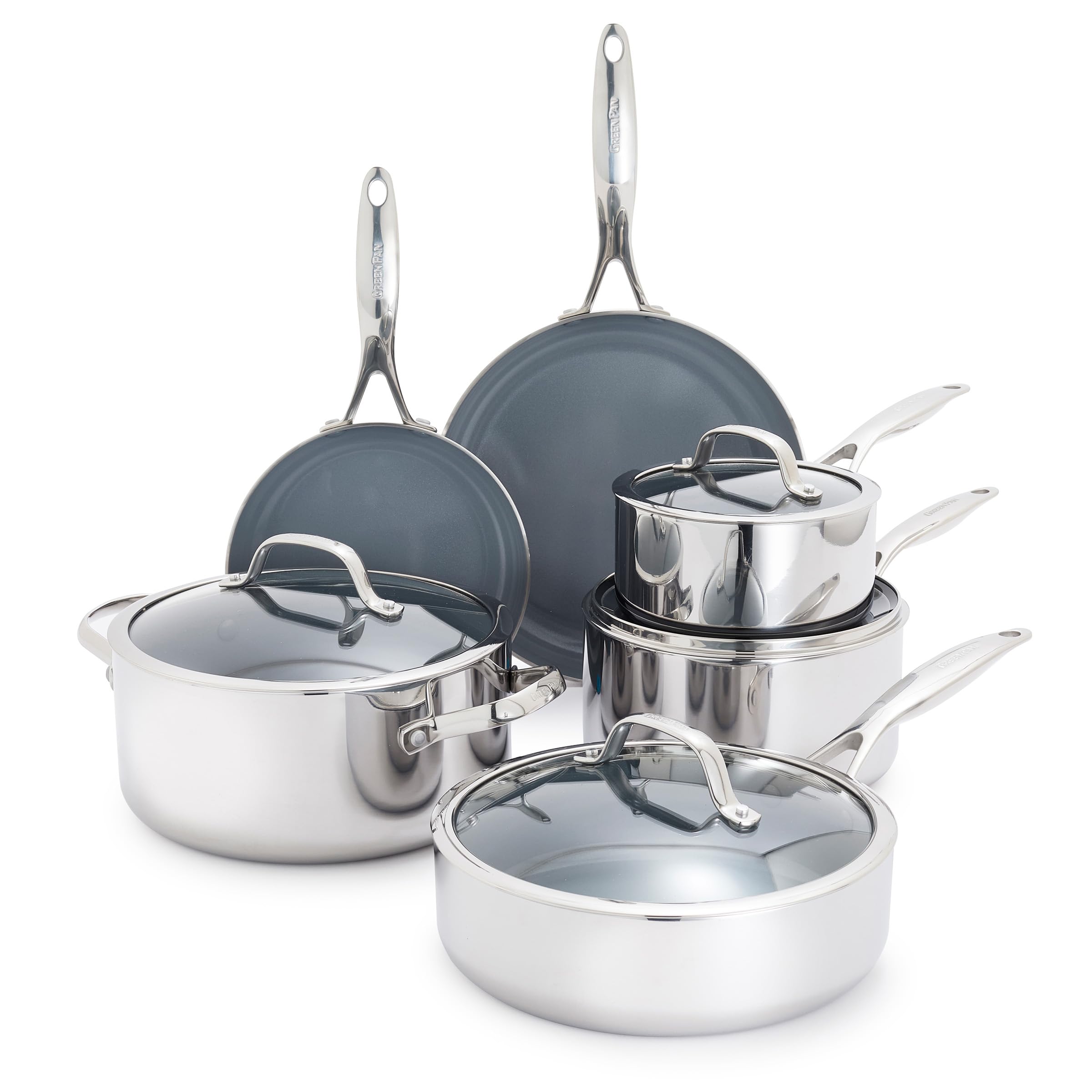 GreenPan Valencia Pro Tri-Ply Stainless Steel 10-Piece Cookware Set – PFAS-Free Ceramic Nonstick, Induction Ready, Oven Safe to 600°F