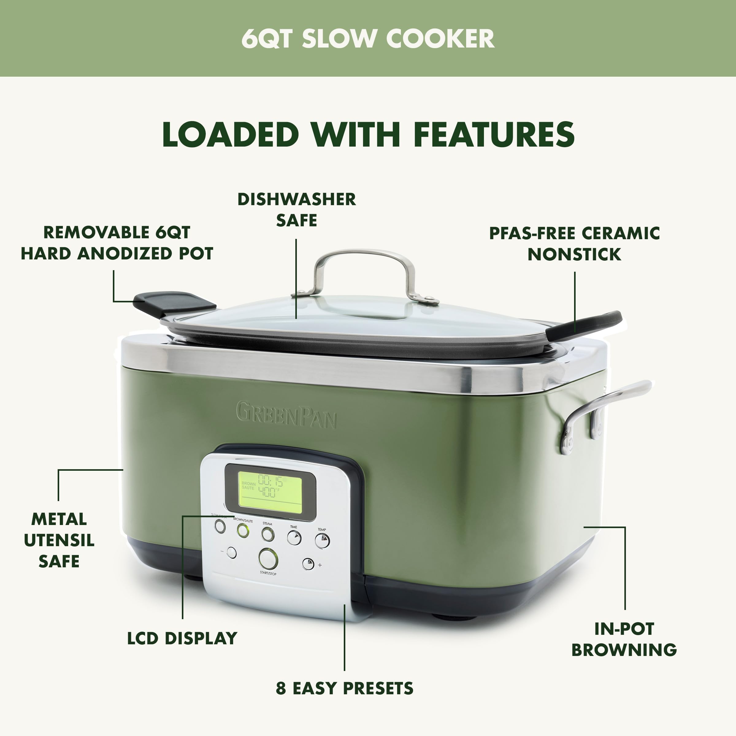 GreenPan Elite 8-in-1 Programmable 6QT Electric Slow Cooker with Ceramic Nonstick Crock, Sage Green