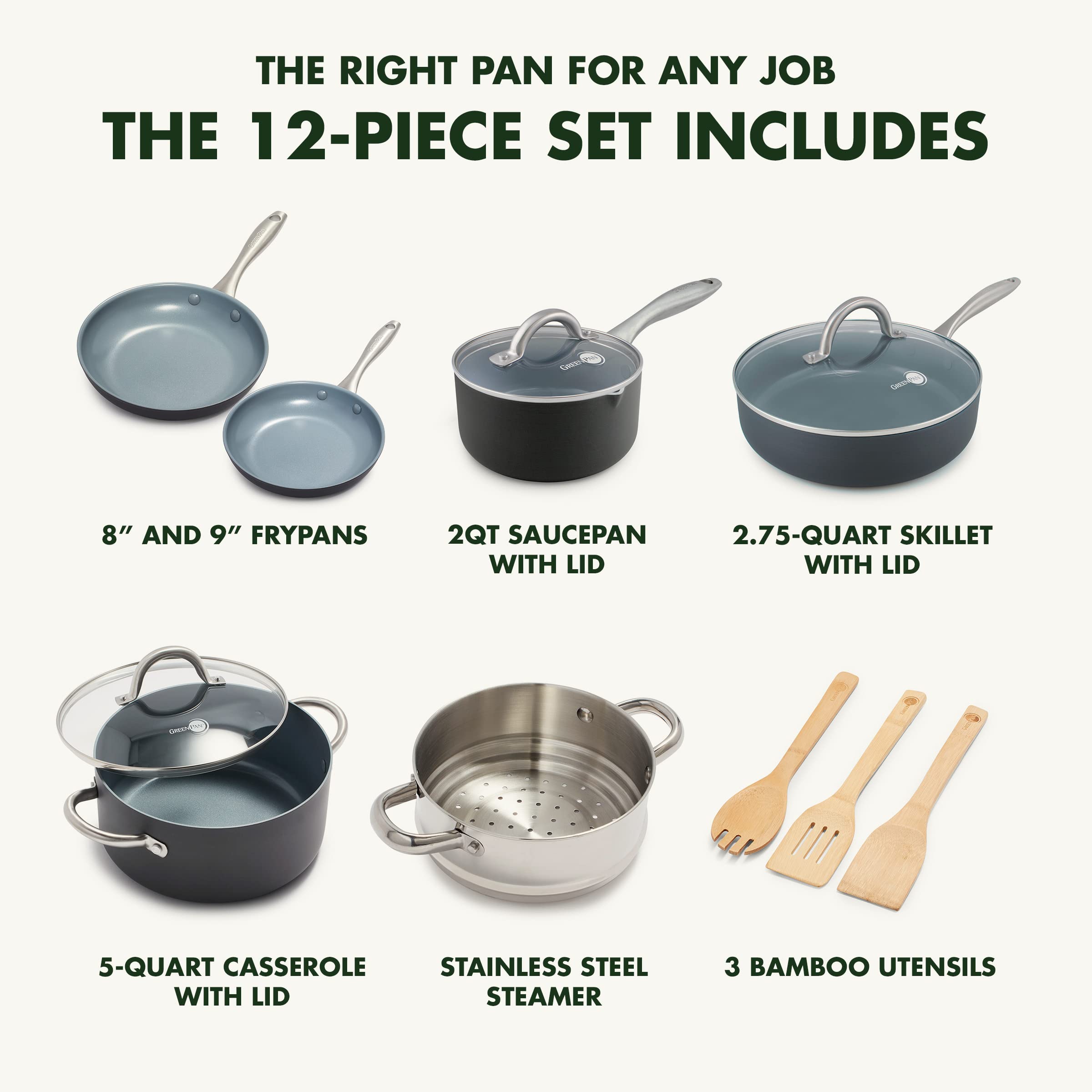 GreenPan Lima Hard Anodized 12-Piece Ceramic Nonstick Cookware Set, PFAS-Free, Gray