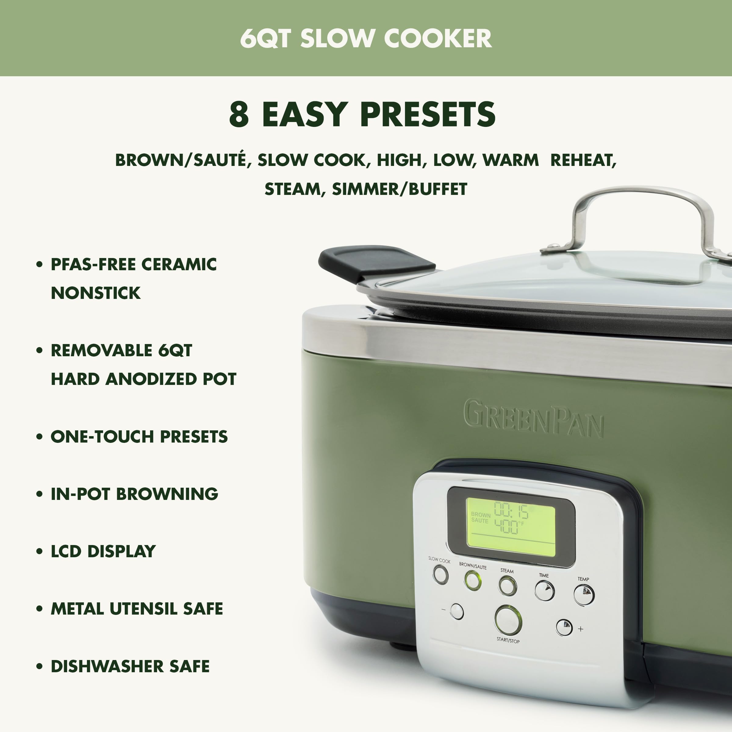 GreenPan Elite 8-in-1 Programmable 6QT Electric Slow Cooker with Ceramic Nonstick Crock, Sage Green
