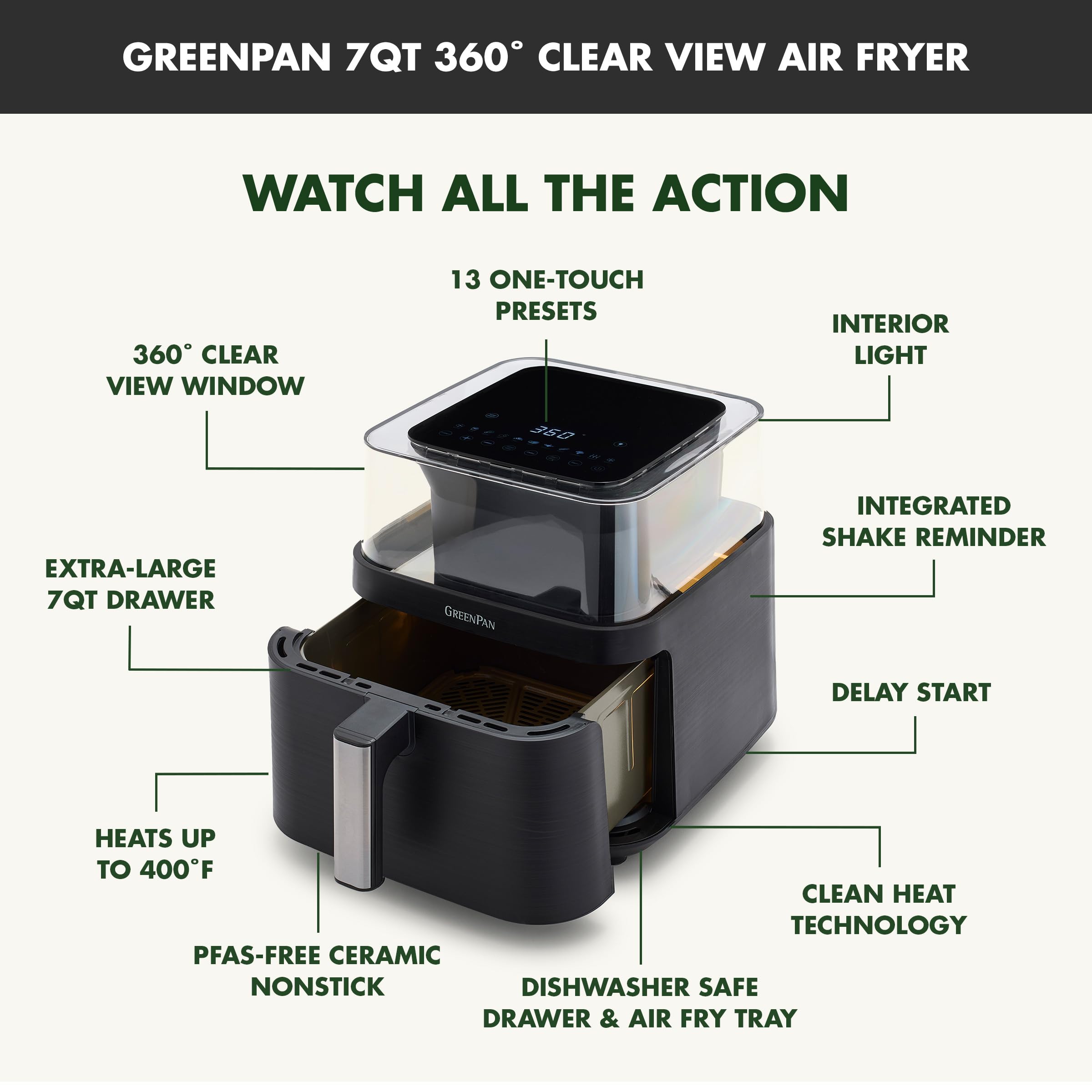 GreenPan Clearview Extra Large 7QT Air Fryer with 360° Clear Window and 13 Presets
