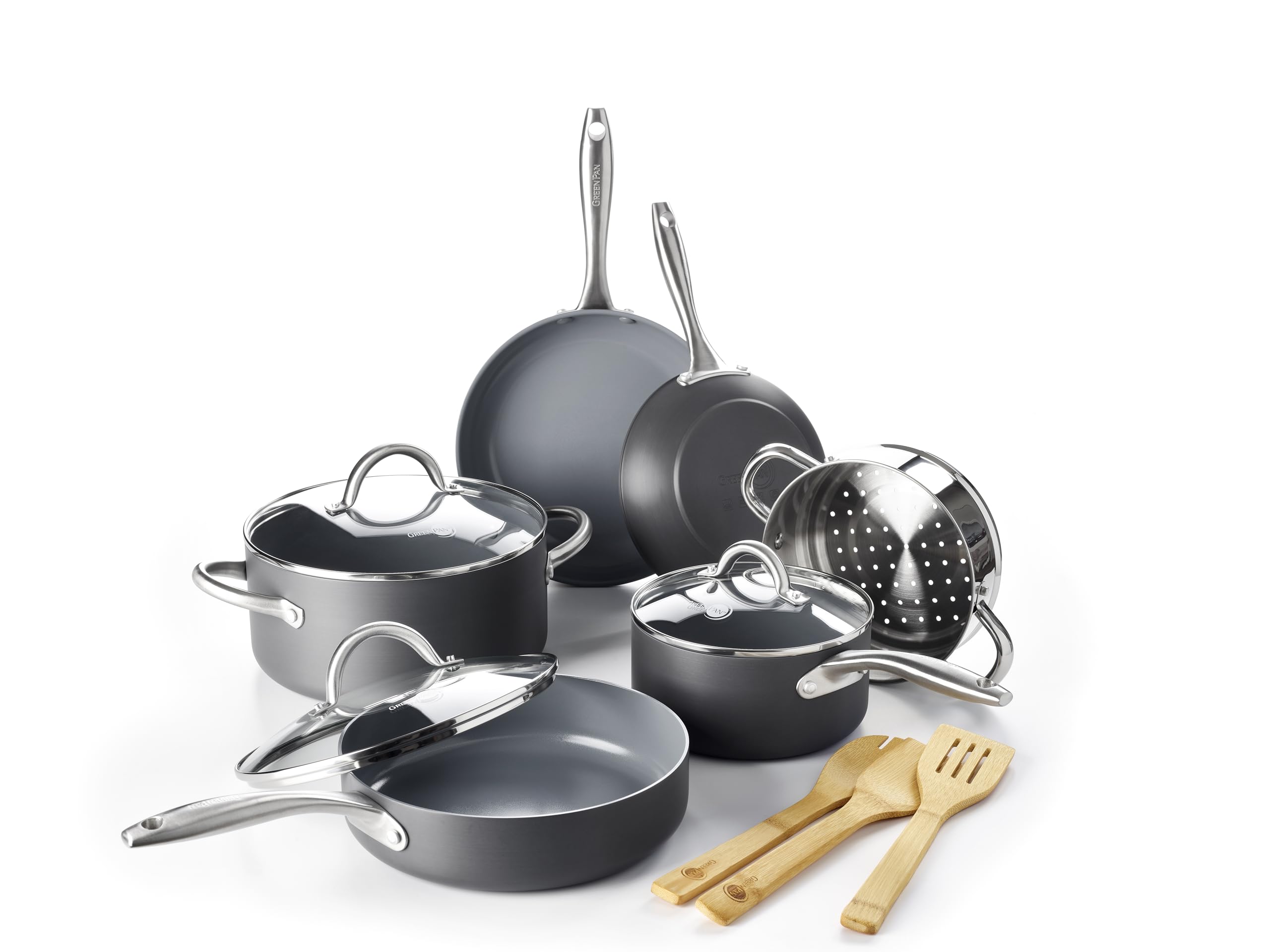 GreenPan Lima Hard Anodized 12-Piece Ceramic Nonstick Cookware Set, PFAS-Free, Gray