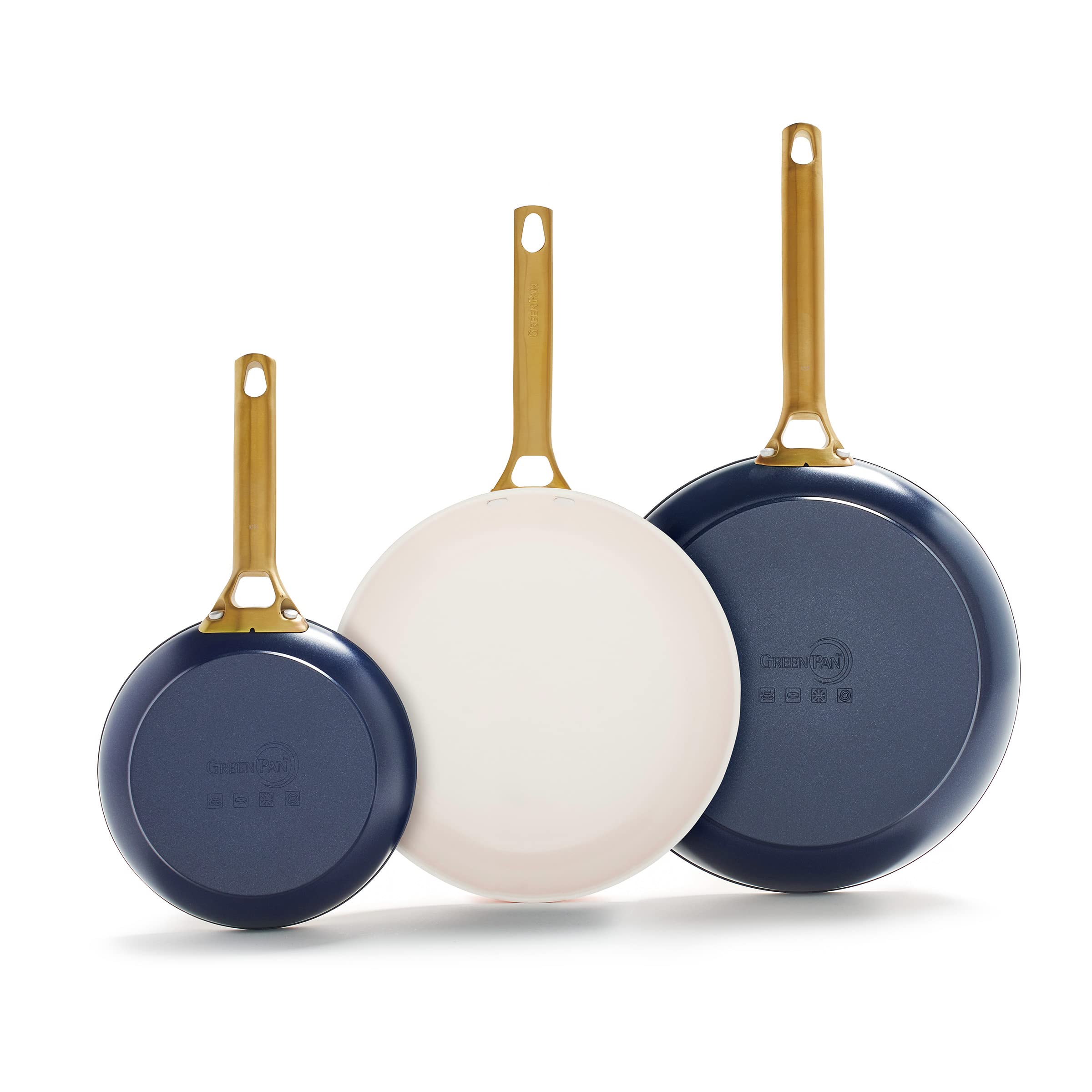 GreenPan Reserve 3-Piece Frying Pan Set — 8", 10", 12" Ceramic Nonstick, Hard Anodized, Gold Handles, PFAS-Free, Twilight Blue