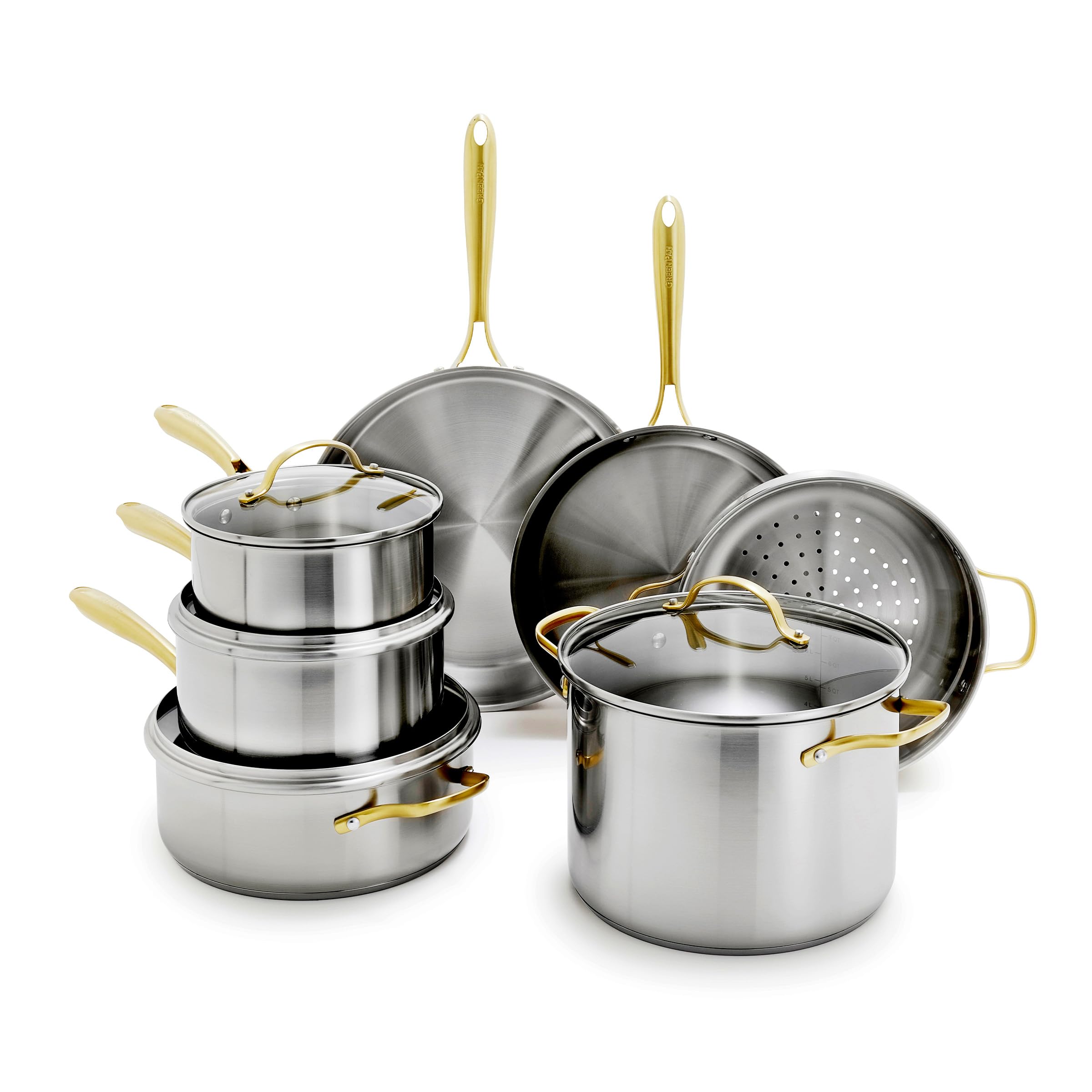 GreenPan Stainless Steel 11-Piece Cookware Set with Induction Base - Gold Accents