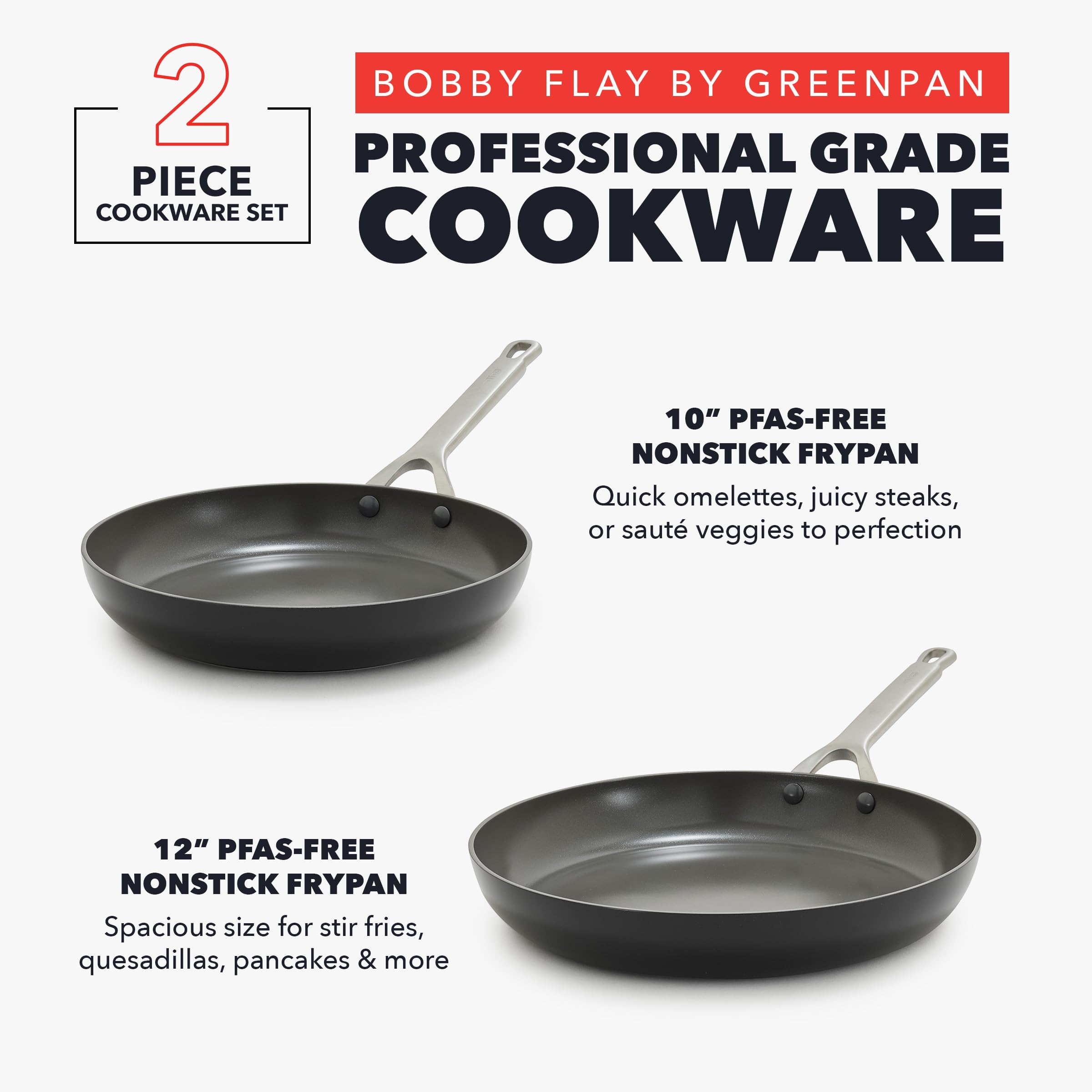 GreenPan x Bobby Flay Hard Anodized Ceramic Nonstick Frying Pan Set – 10" & 12", PFAS-Free, Induction Compatible, Black