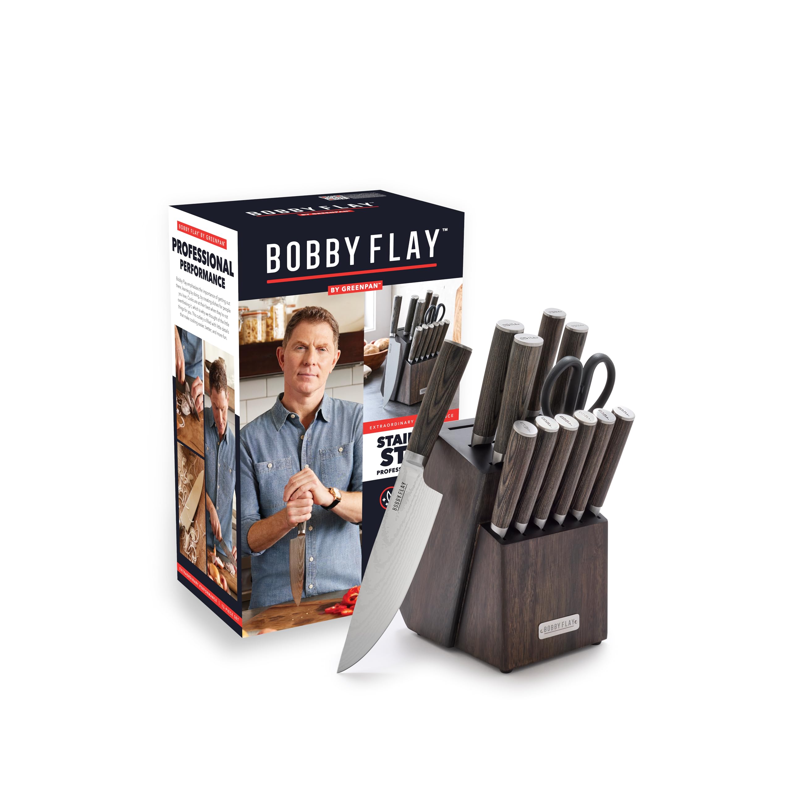 GreenPan x Bobby Flay 13-Piece Stainless Steel Knife Block Set with Acacia Wood Block