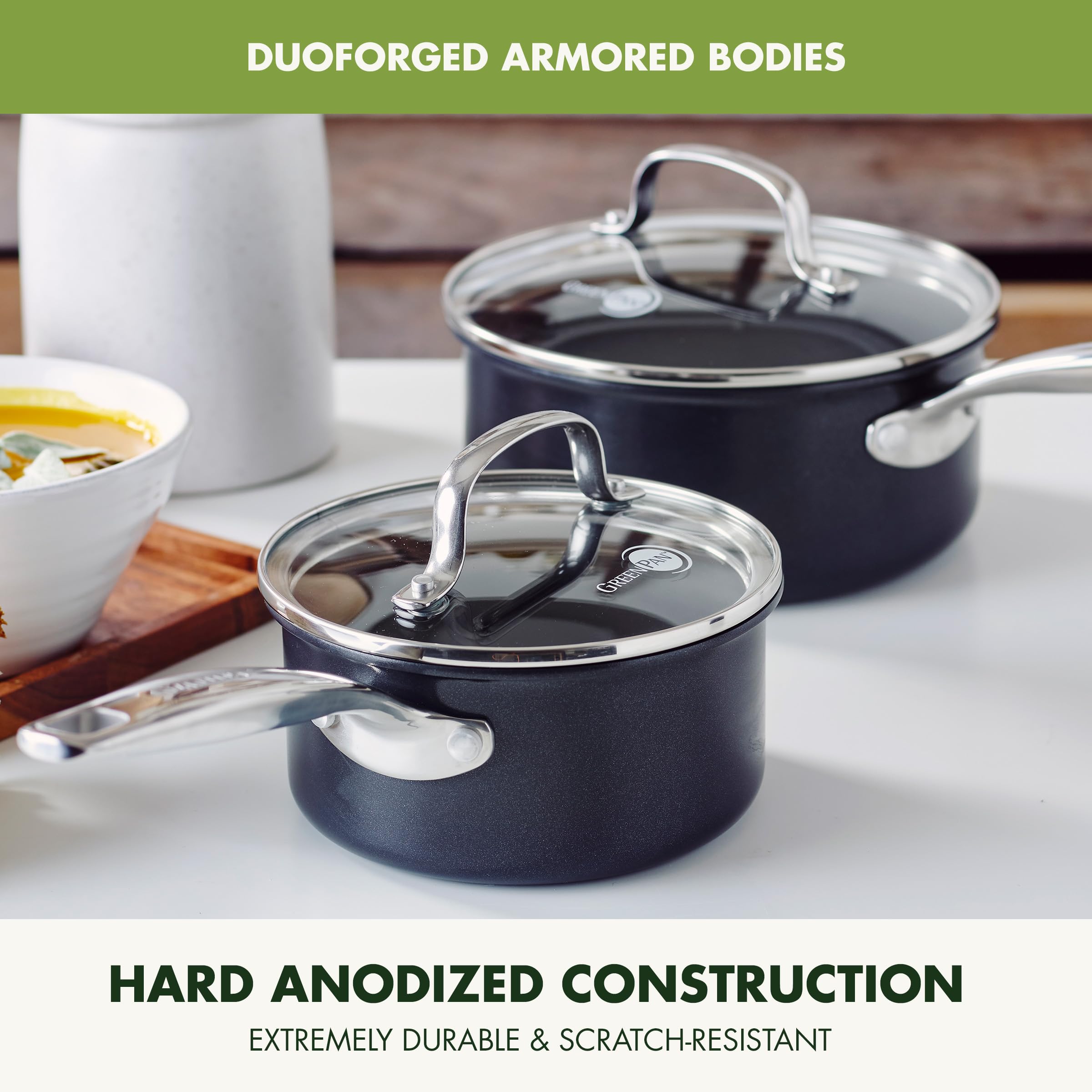GreenPan Prime Chatham 1QT & 2QT Saucepan Set – Hard Anodized, Diamond-Infused Ceramic Nonstick, PFAS-Free