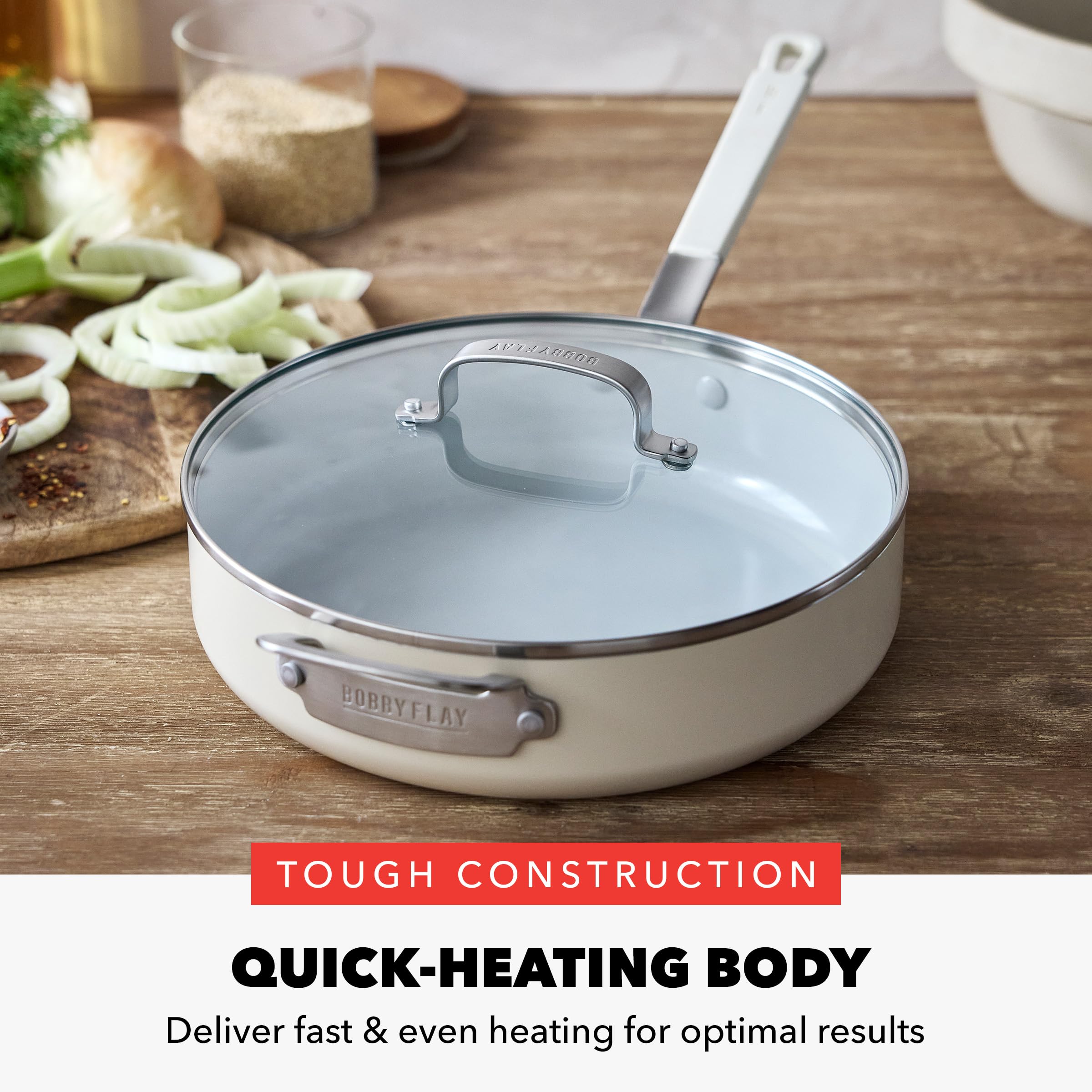 GreenPan x Bobby Flay 4.5QT Nonstick Sauté Pan with Glass Lid, PFAS-Free Diamond Ceramic — Cream