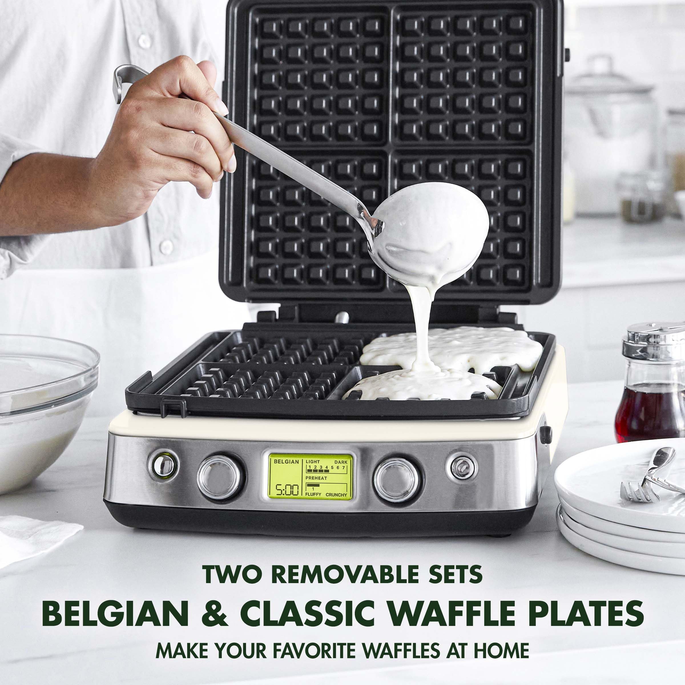 GreenPan Elite 4-Square Waffle Maker – Belgian & Classic, Adjustable Crunch Control, White