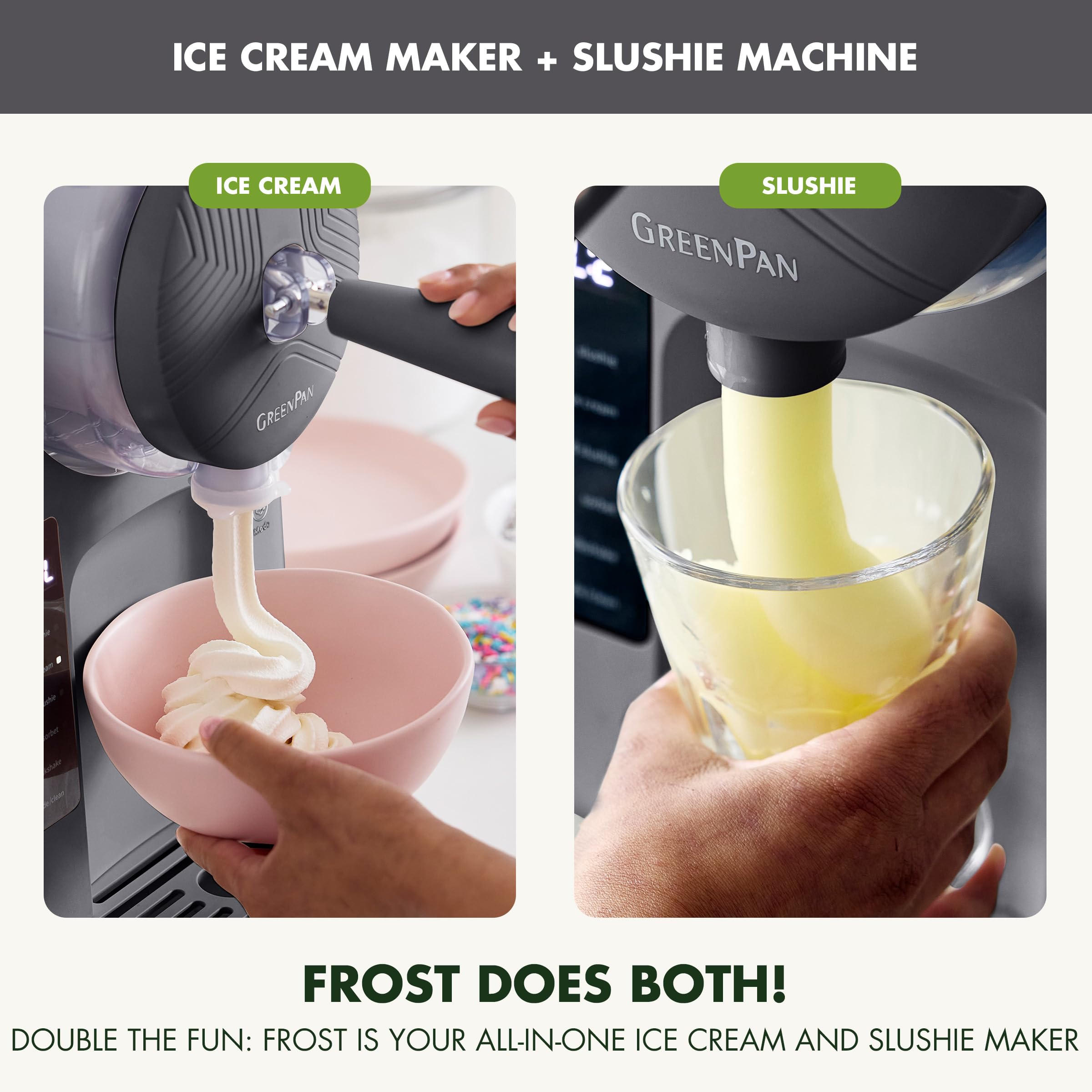 GreenPan Frost Ice Cream Maker & Slushie Machine – Self-Cleaning, 15-in-1, Family Size, Gray
