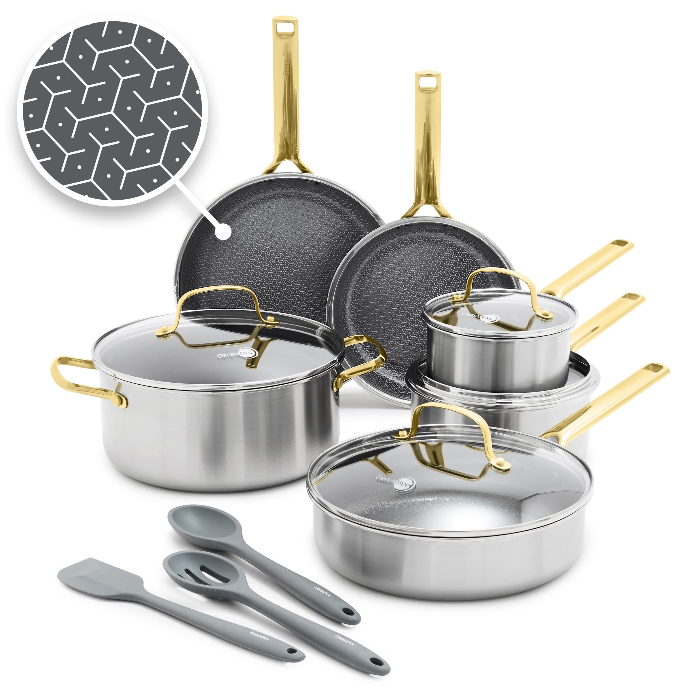 GreenPan APEX Hybrid 13-Piece Stainless Steel Nonstick Cookware Set — Tri-Ply Thermobond, PFAS-Free Ceramic, Induction Compatible, Oven Safe to 850°F, Gold