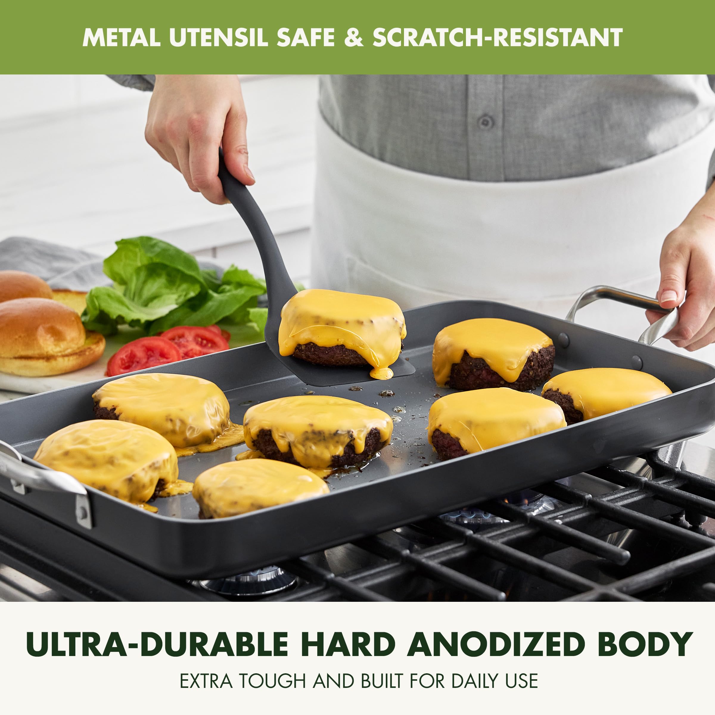 GreenPan Valencia Pro Ceramic Nonstick 18" x 11" Double Burner Griddle Pan — Hard Anodized, PFAS-Free, Induction Ready, Oven Safe to 600°F, Gray