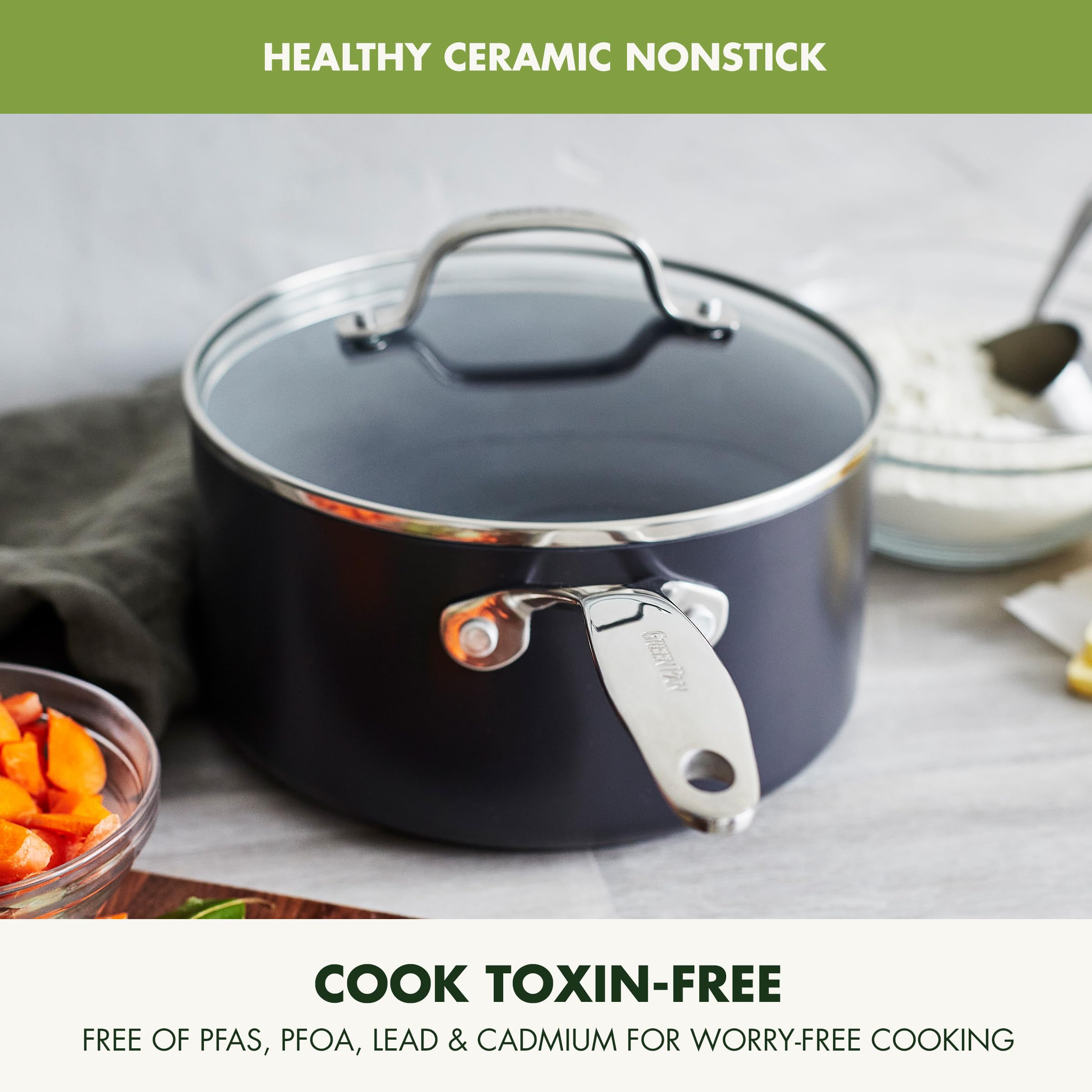 GreenPan Valencia Pro Ceramic Nonstick 1.66QT & 3.3QT Saucepan Set – Hard Anodized, PFAS-Free, Induction Ready, Gray