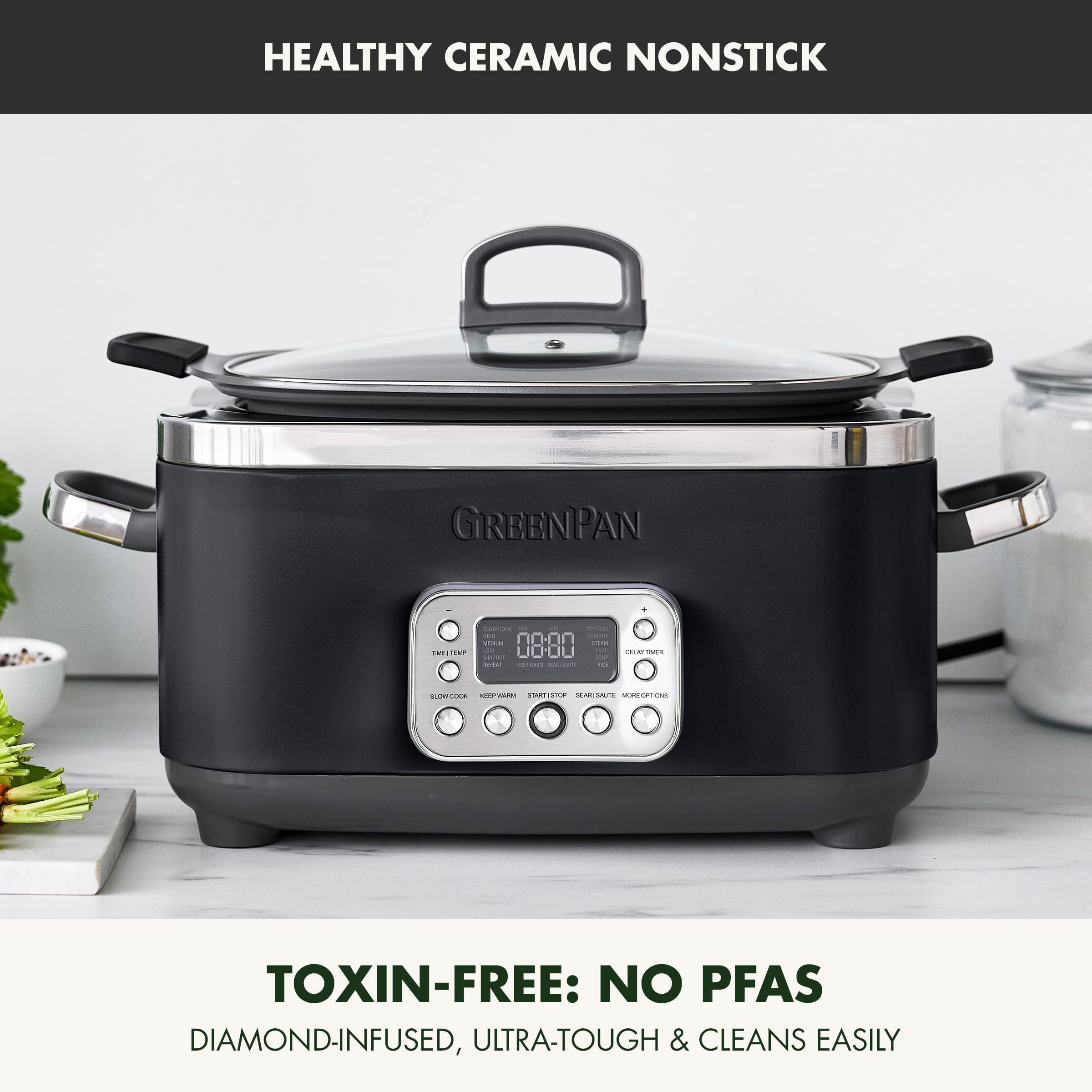 GreenPan Elite 14-in-1 Nonstick 6-Quart Electric Slow Cooker with Thermolon Volt Ceramic Nonstick, Black
