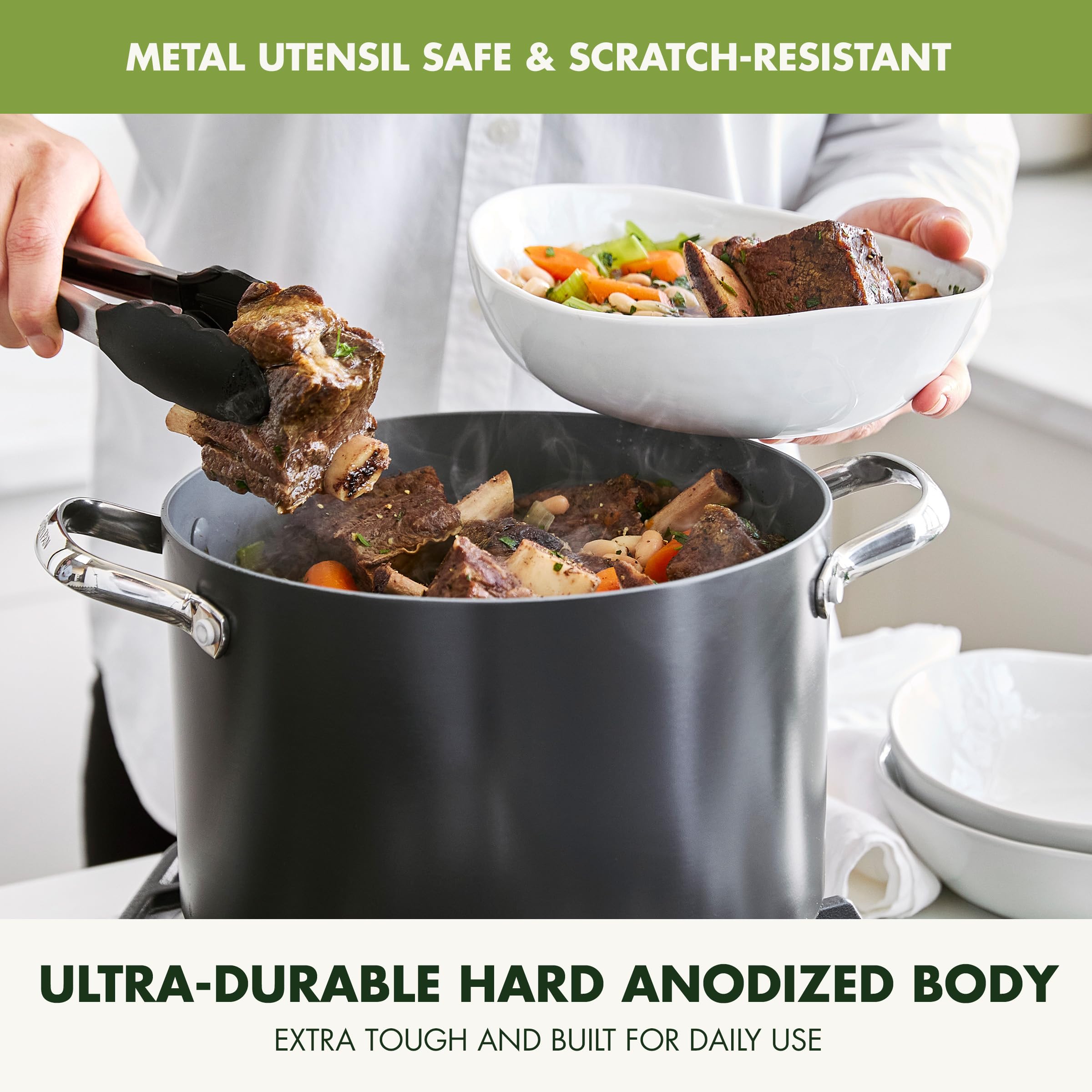 GreenPan Valencia Pro 8QT Stock Pot with Lid – Hard Anodized, Ceramic Nonstick, Induction Ready, Gray