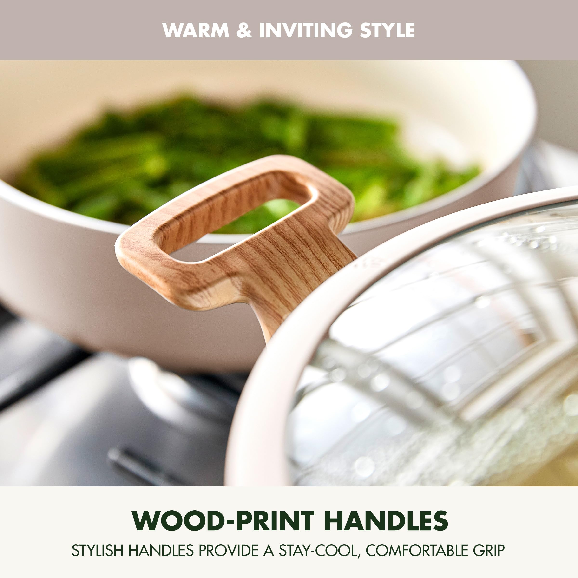 GreenPan Rio Essence Wood 10-Piece Cookware Set — Ceramic Nonstick, Induction, Silicone-Rim Lids, Wood-Print Handles, Taupe