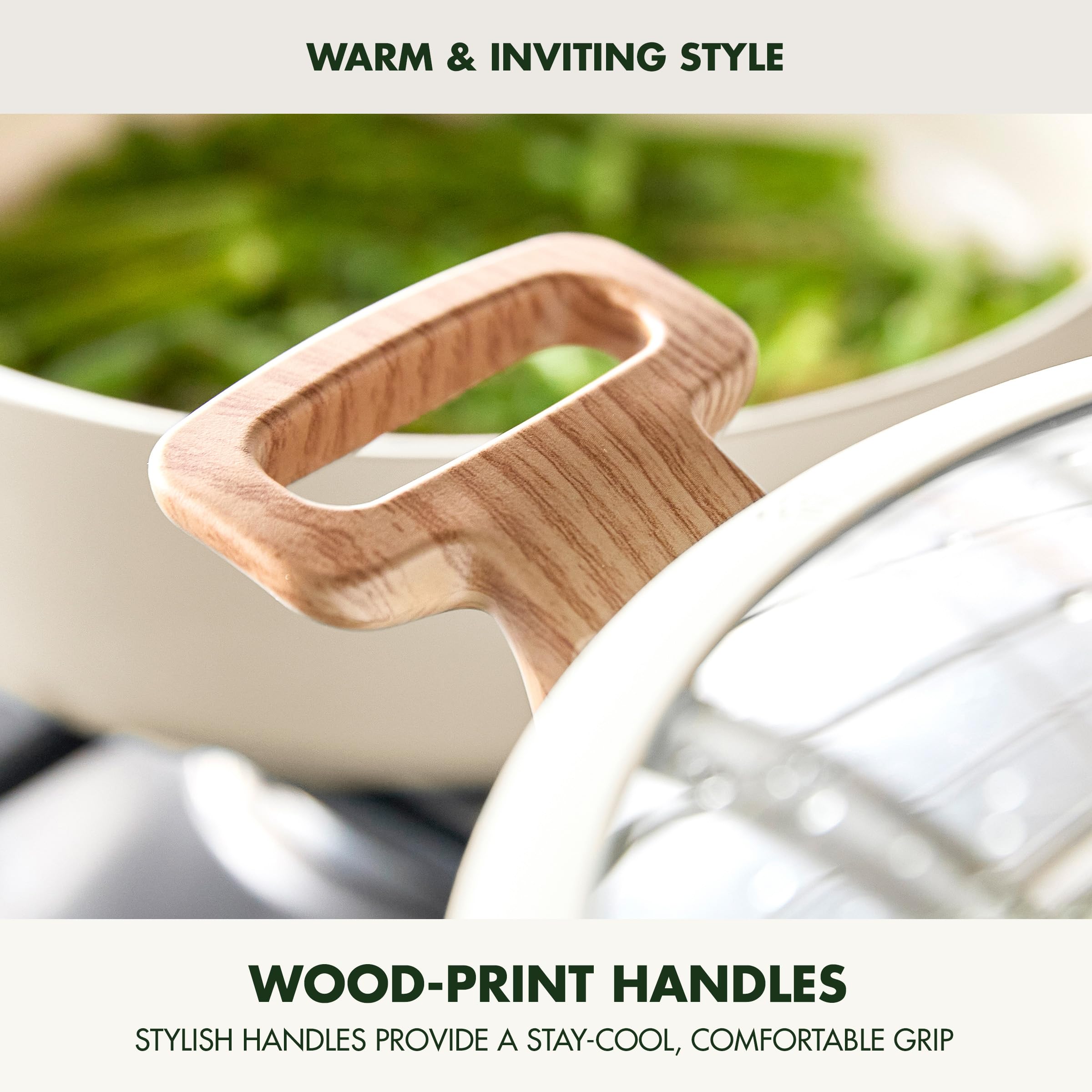 GreenPan Rio Essence Wood 10-Piece Ceramic Nonstick Cookware Set, White with Wood-Print Handles