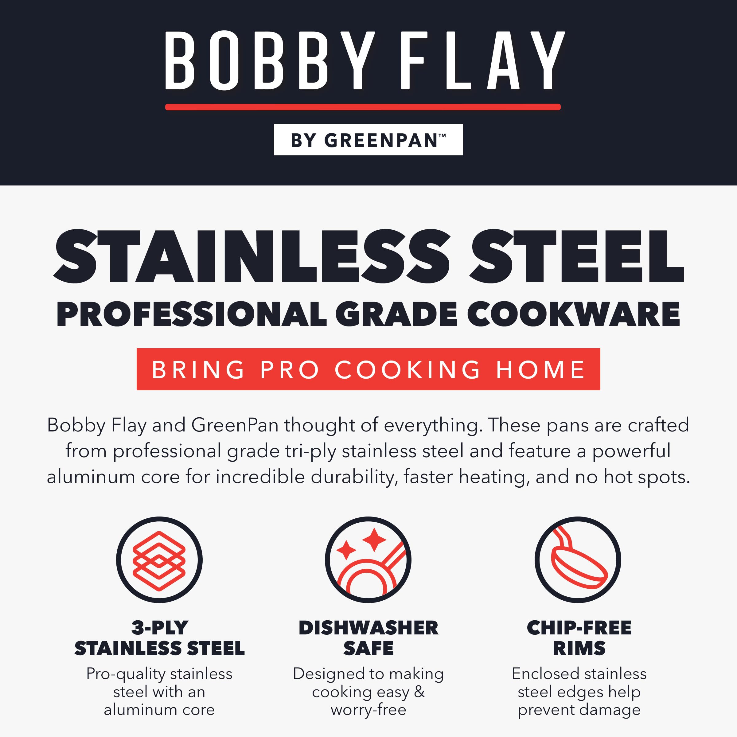 GreenPan x Bobby Flay Stainless Steel 3.75QT Saucepan with Glass Lid — Professional Tri-Ply Chef's Pan, Induction Ready, Oven Safe, Stay-Cool Handle