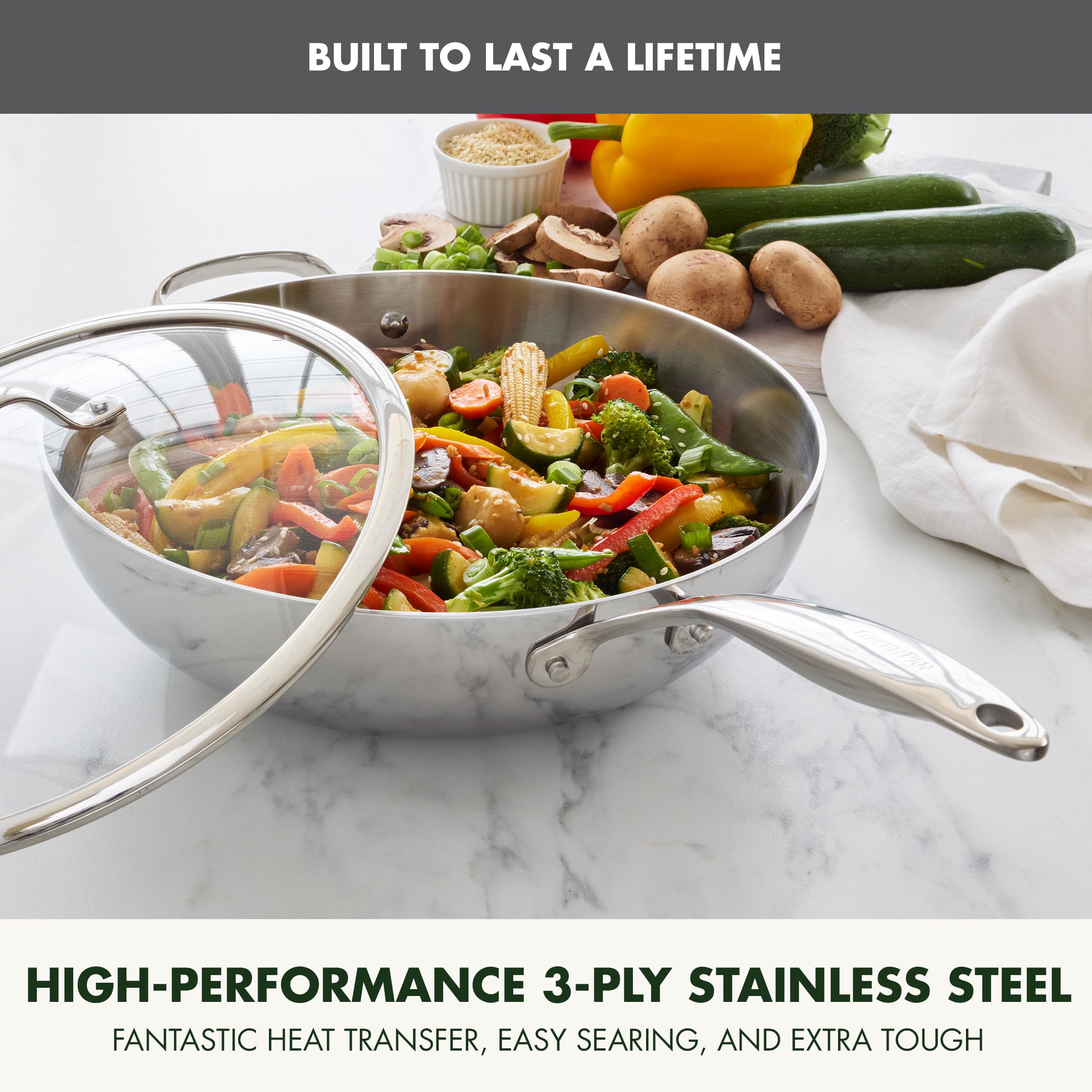 GreenPan Valencia Pro Tri-Ply Stainless Steel 12" Wok with Lid – Induction Ready, Mirror Finish, Oven Safe to 600°F