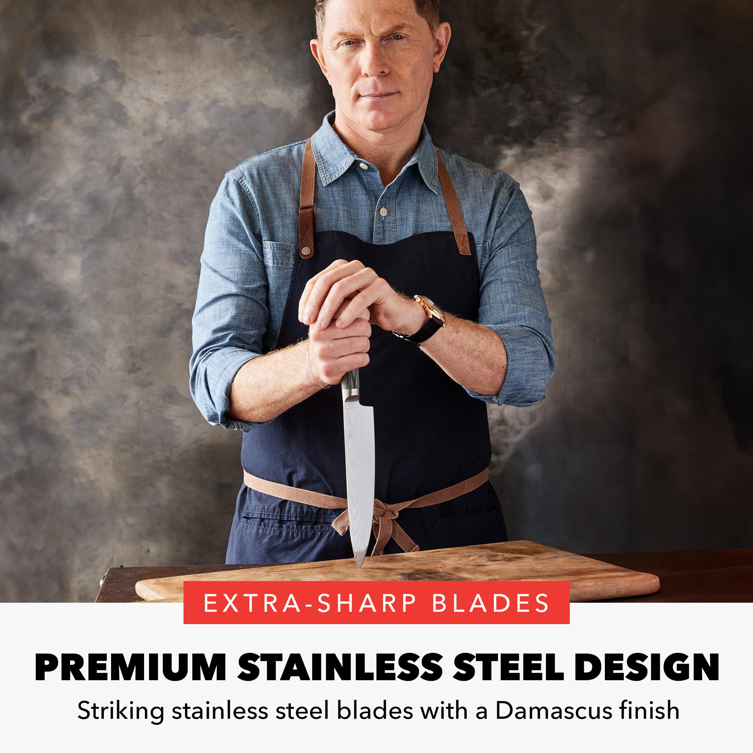 GreenPan x Bobby Flay 13-Piece Stainless Steel Knife Block Set with Acacia Wood Block
