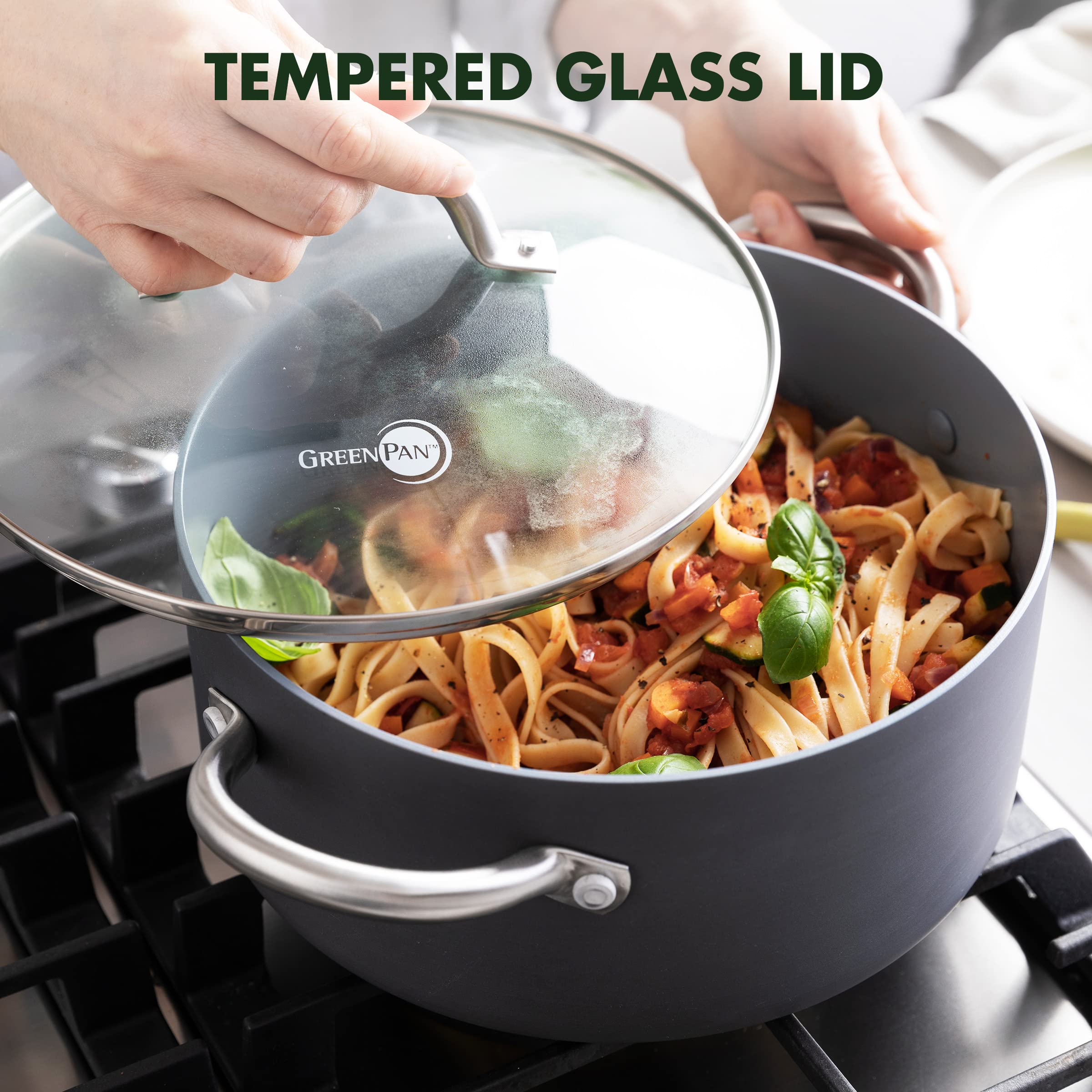 GreenPan Lima 5.2QT Nonstick Stock Pot with Glass Lid, Hard Anodized, Stainless Steel Handles, Gray