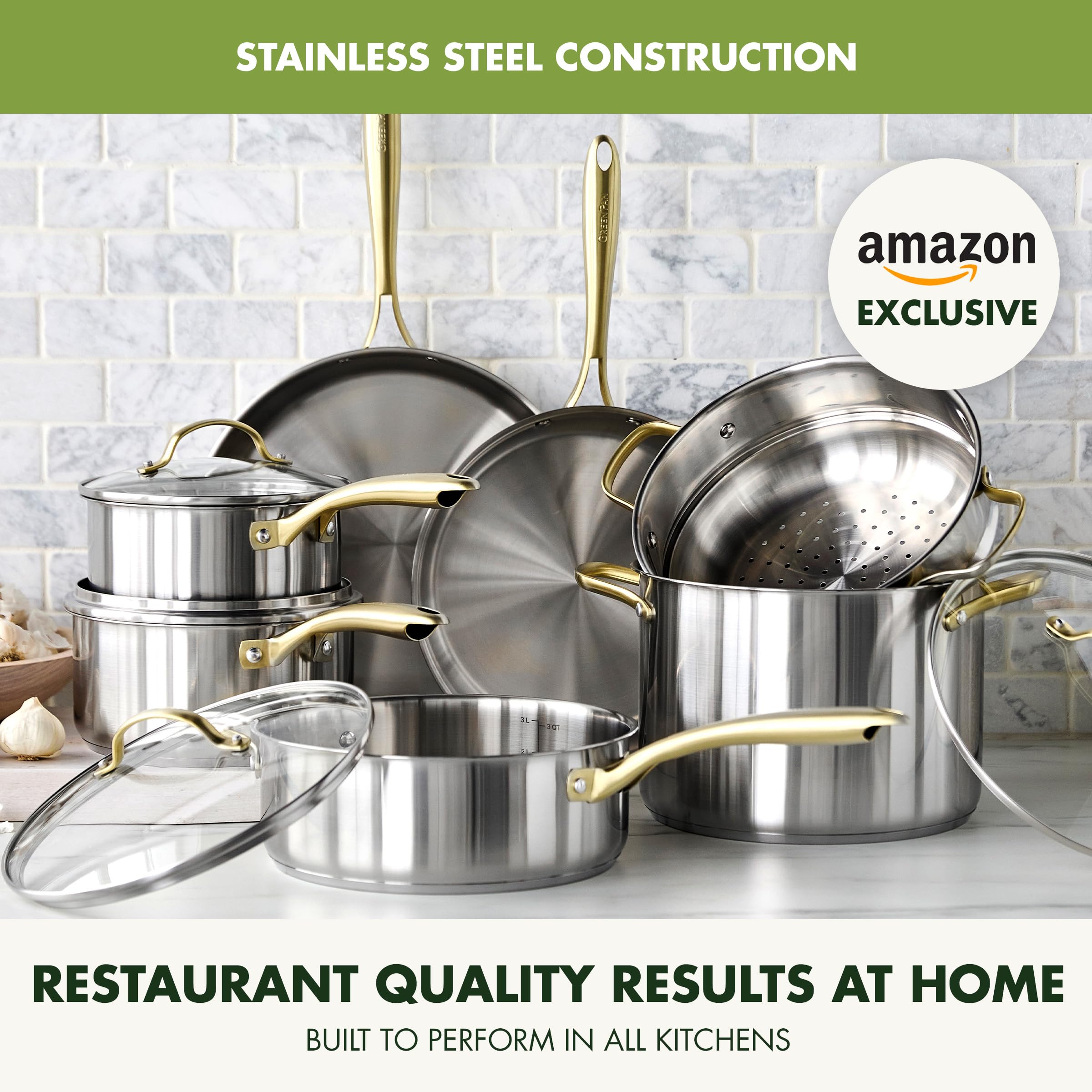 GreenPan Stainless Steel 11-Piece Cookware Set with Induction Base - Gold Accents